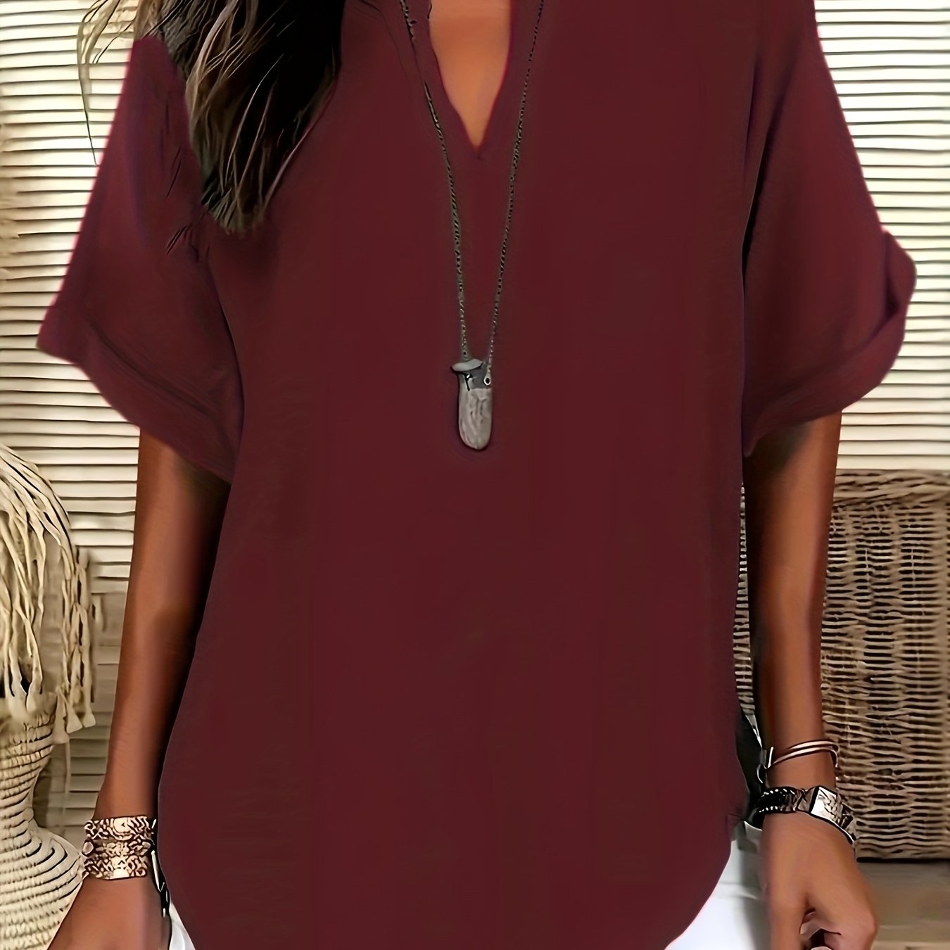 Solid Collar Shirt, Spring And Summer Casual Short Sleeve Curved Hem Top, Women's Clothing