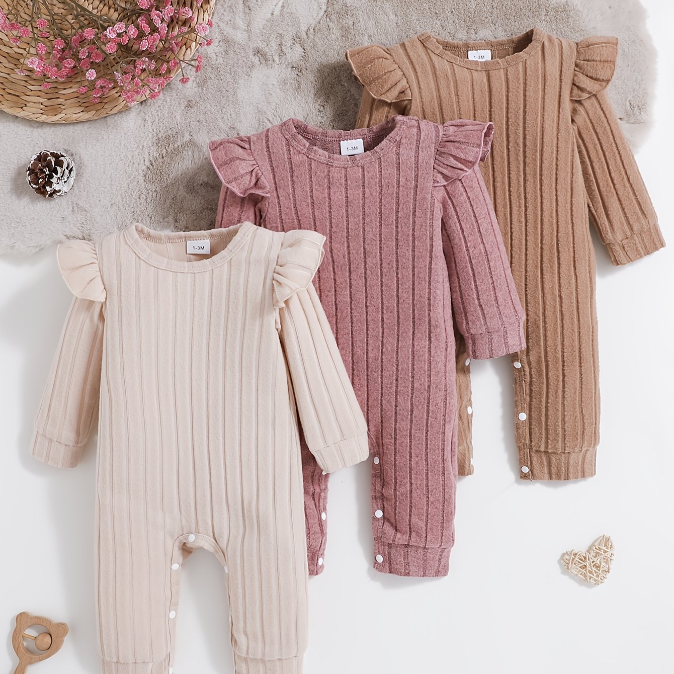 E-shop 3-teiliges Mädchen-Herbst/Winter-Set in Rosa, Lila, Grau Grün mit Rundhals-Knopfleiste Langarm-Bodysuits, ideal für draußen