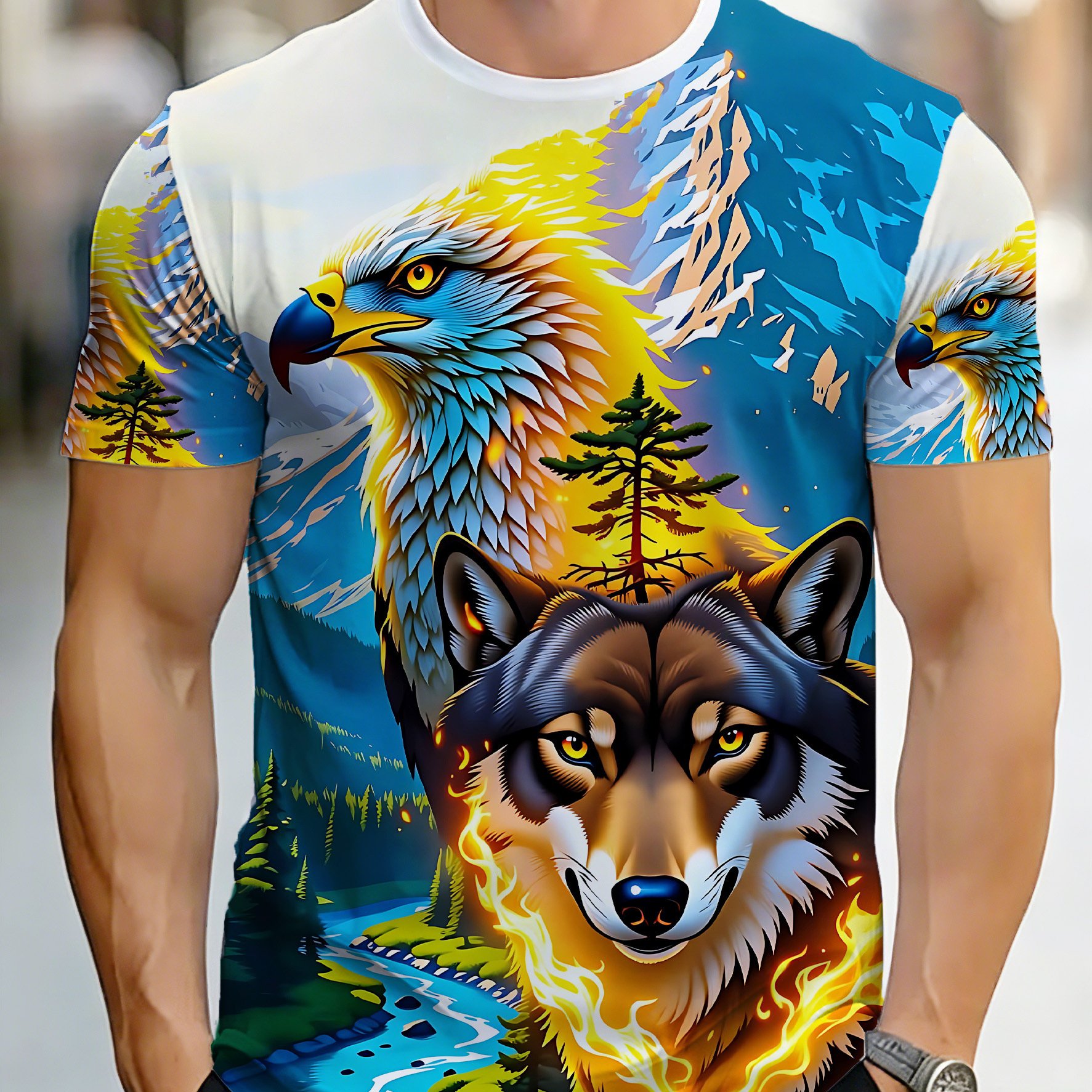 TEMU Summer Men'- Round Neck Short Sleeve T-shirt, Full Print Digital Stream Forest Eagle Fire Wolf Overbearing Illustration Loose Breathable Outdoor