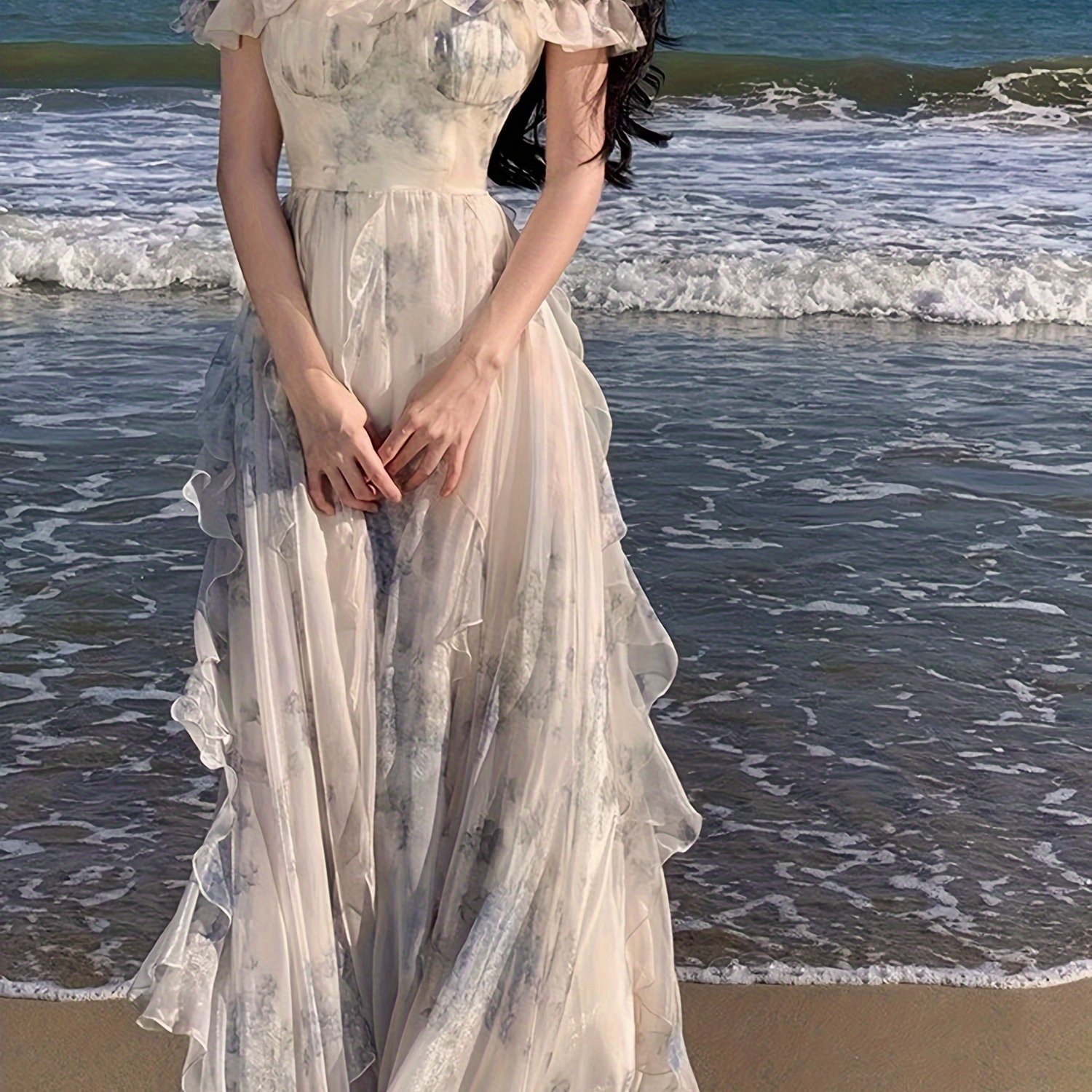TEMU Flared Long Dress Ankle Vacation Stunning Off-shoulder Ruffle Dress Travel Dress Fairy Beach Dress