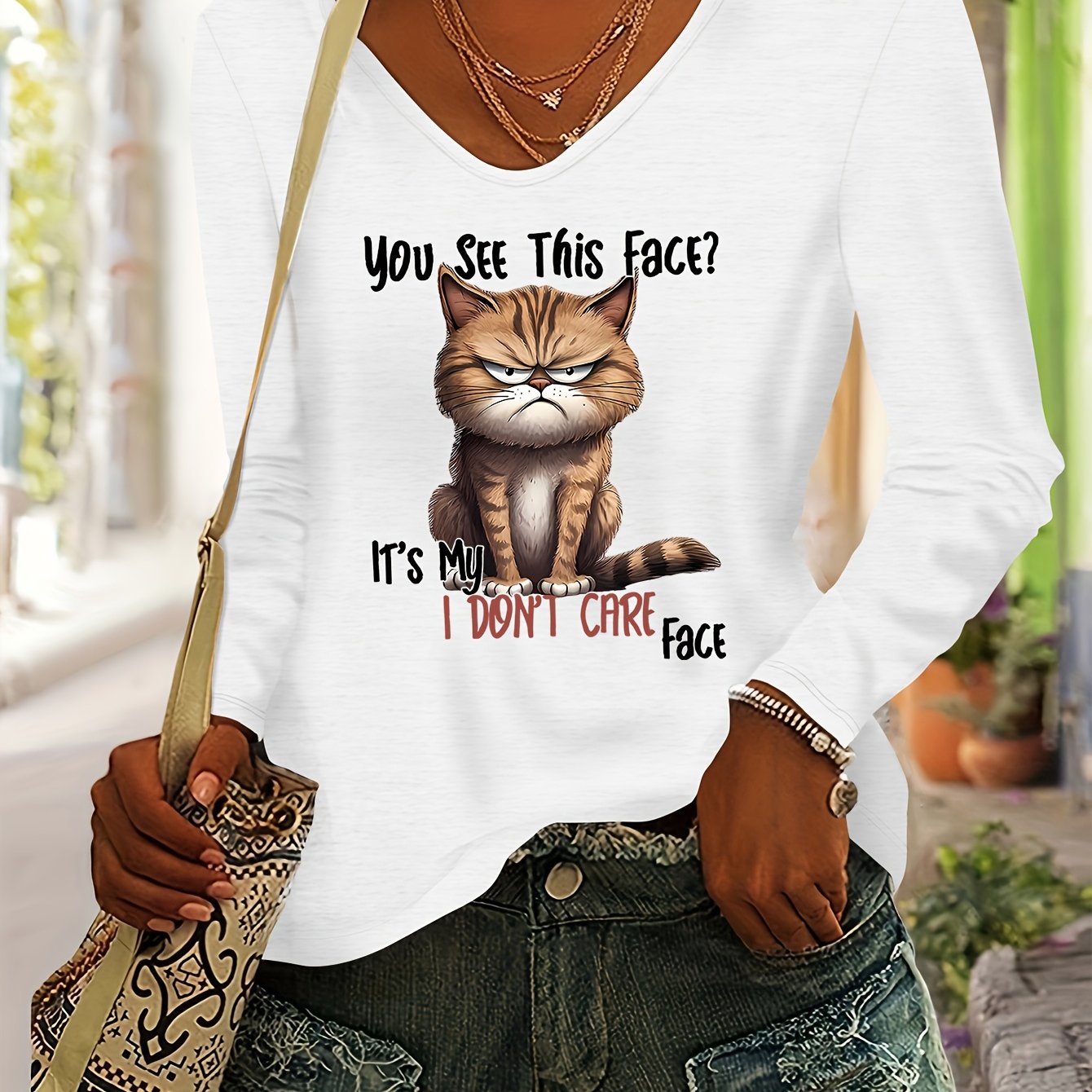 TEMU Women's Autumn And Winter Top With A Cat Pattern Print, Comfortable And Stylish, Perfect For Casual Wear, Featuring A V-neck And Long Sleeves