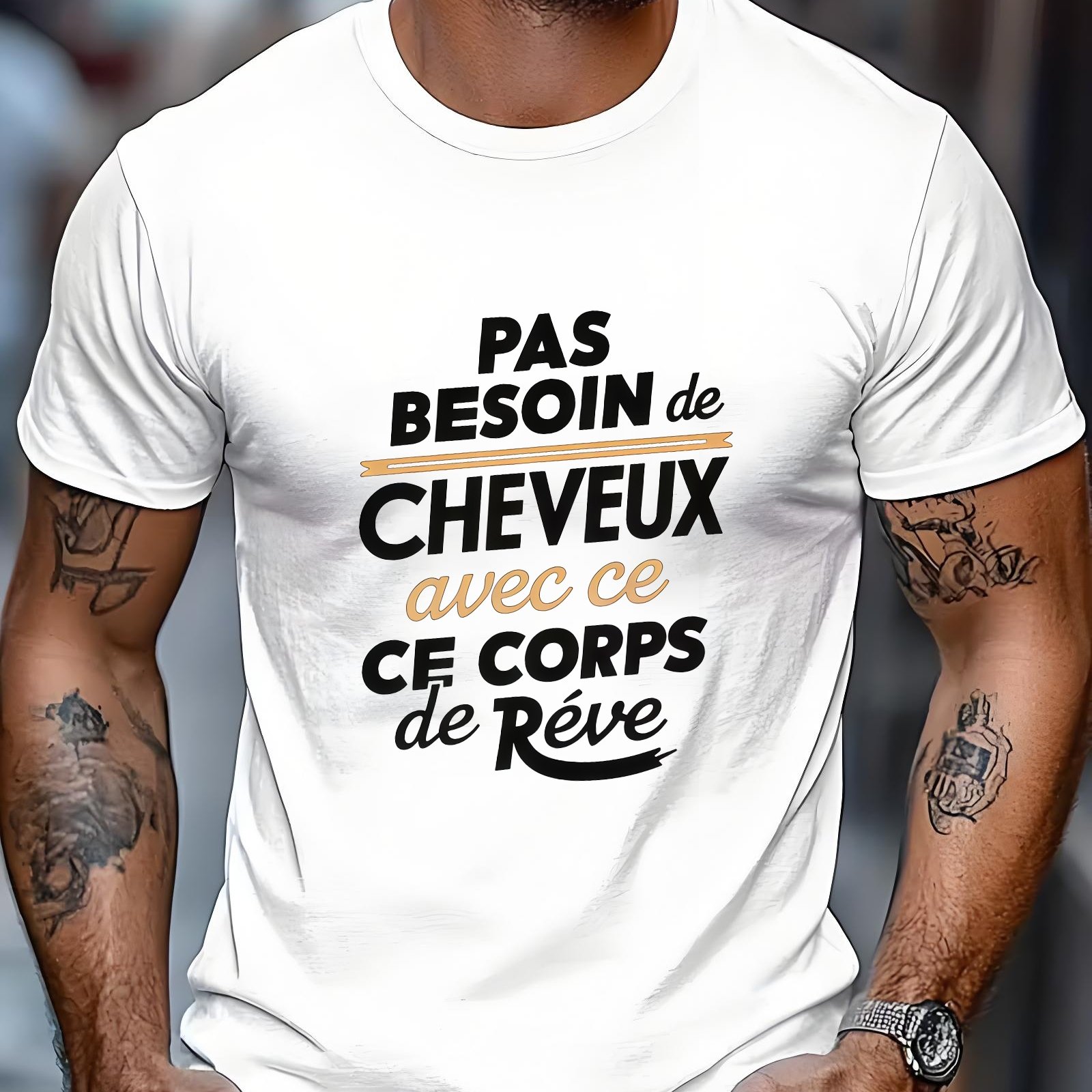 TEMU T-shirt pour Homme avec Française "Pas Besoin de Cheveux" - Haut Humoristique à Col Ras du Cou et Manches Courtes, Léger et Lavable en Machine,