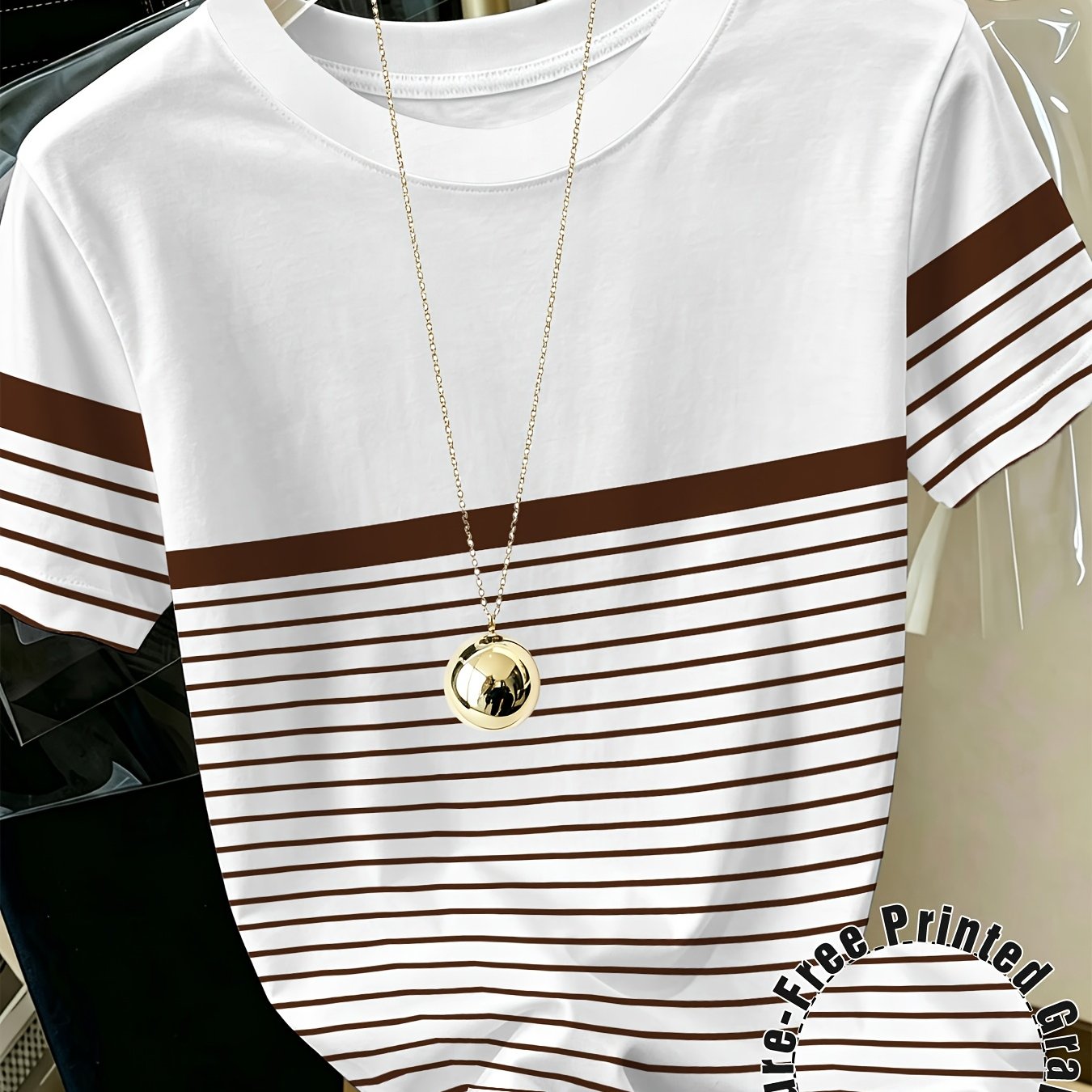TEMU White Coffee Collision Lapel Fine Stripe Women's Printed Crew Neck Short Sleeve T-shirt Vintage Casual Versatile Couple's Tee