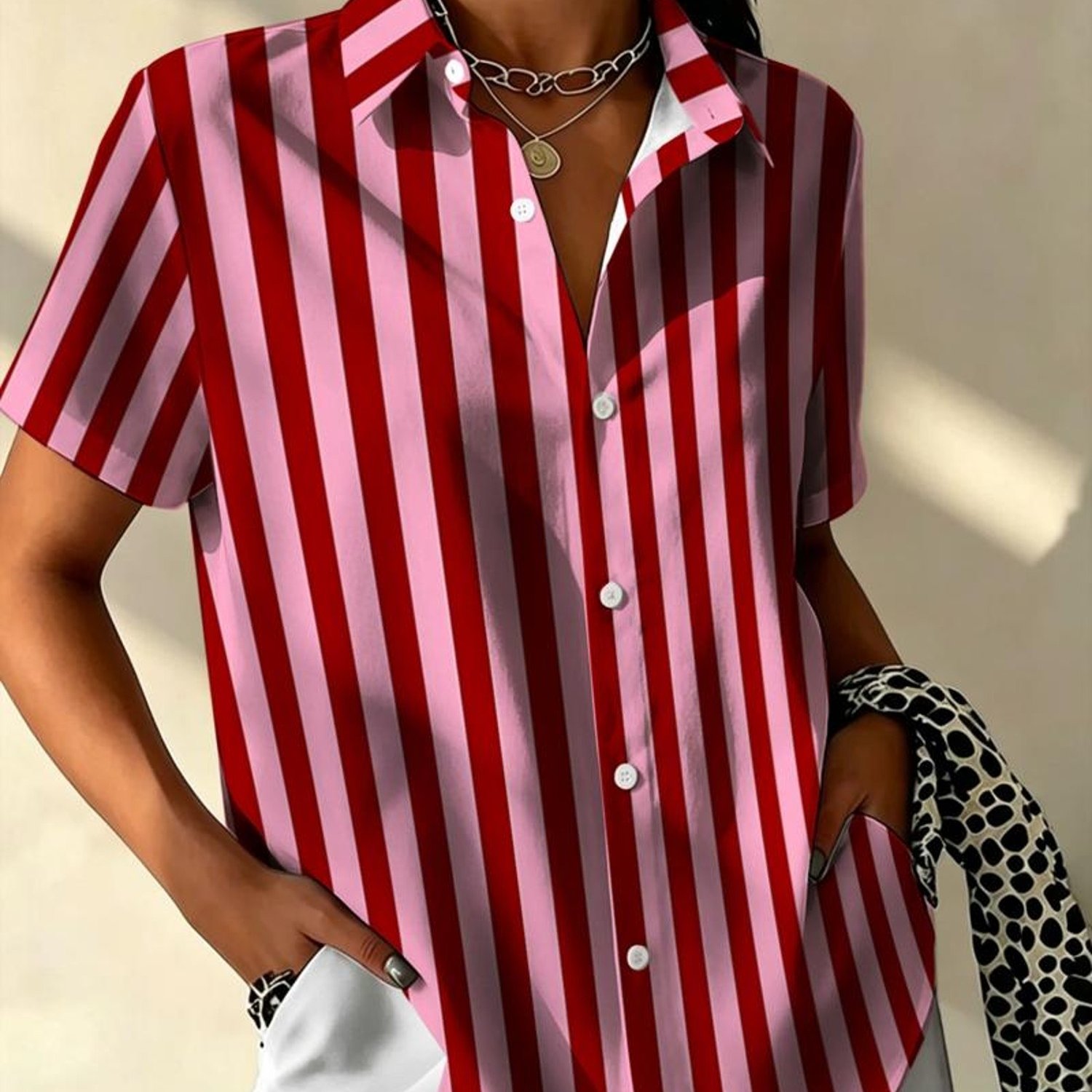 TEMU Women's Stylish Short-sleeve Shirt, Warm- Stripes Enhance Outfit Vitality, Look For [printed Design – Not Textured]