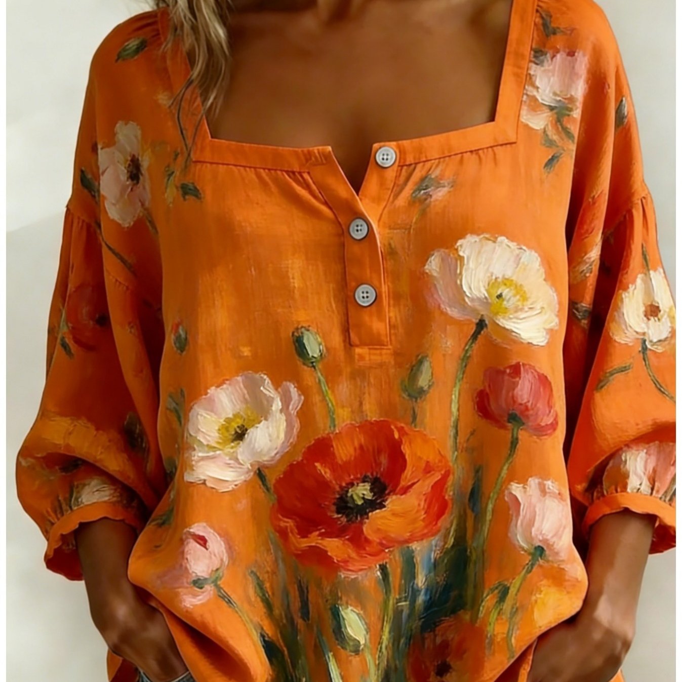 2d Flat Printing Women's Oil Painting Floral Pattern Printed Square Collar Three-button Elegant Three-quarter Sleeve Shirt