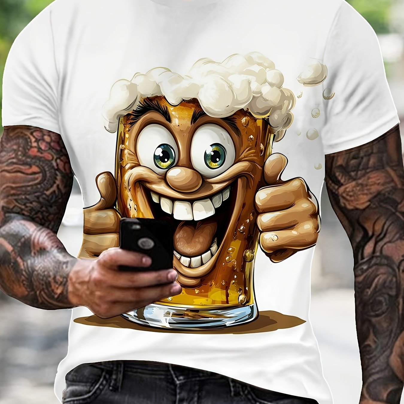 TEMU [print Design - Not Textured], Men's Cartoon Beer Mug Print T-shirt, Knit Fabric, Round Neck, Regular Fit, Casual Summer Short Sleeve Top,