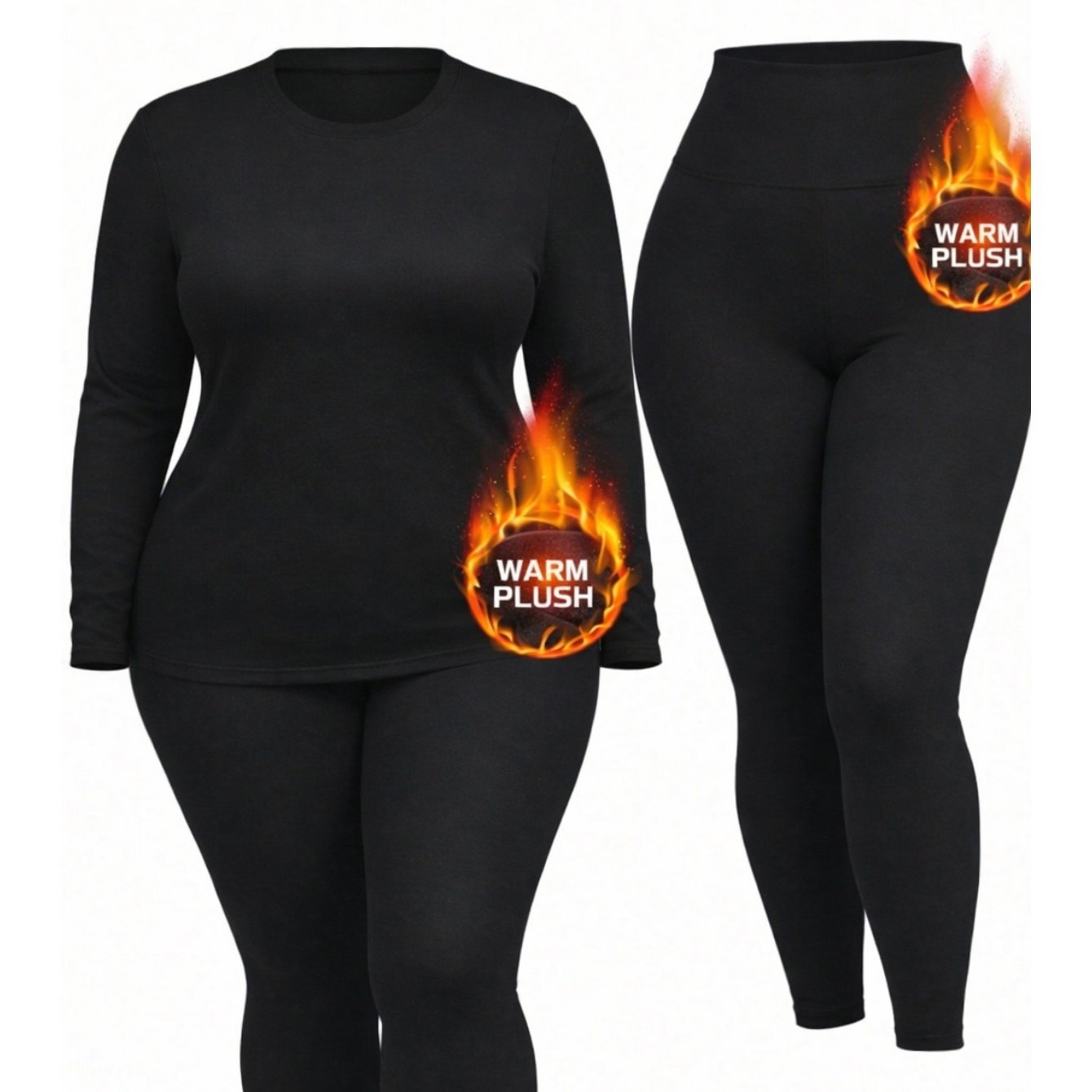 TEMU Autumn/winter 2pcs Set Plus Size -lined Brushed Warm Underwear Set, Solid Color Versatile Base Layer Set For Sports, Yoga, And Casual Outerwear