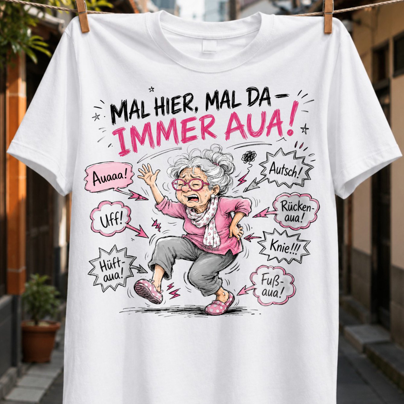 Something German Humorcartoon Older Woman Aches And Pink Hand Lettering Unisex All T-shirt
