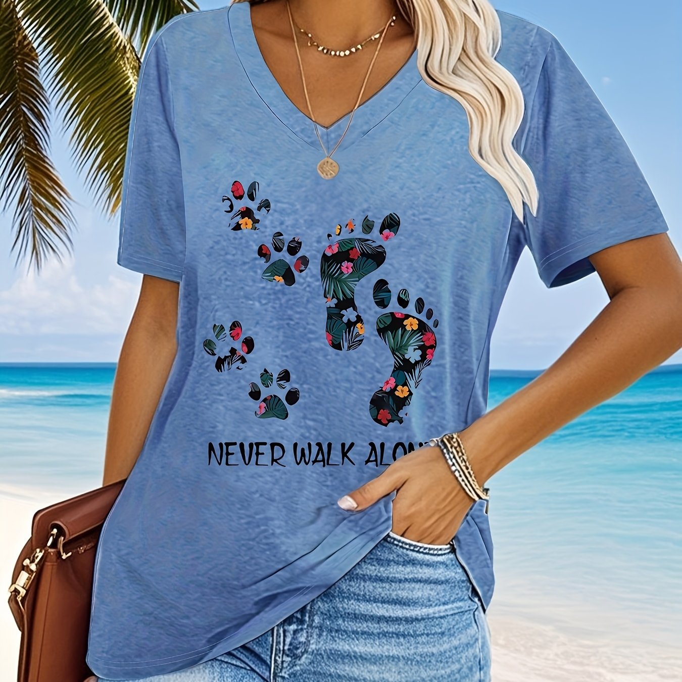 TEMU Plus Size, Plus Size Letter Print T-shirt, Short Sleeve V Neck Casual Top For Summer & Spring, Women's Plus Size Clothing
