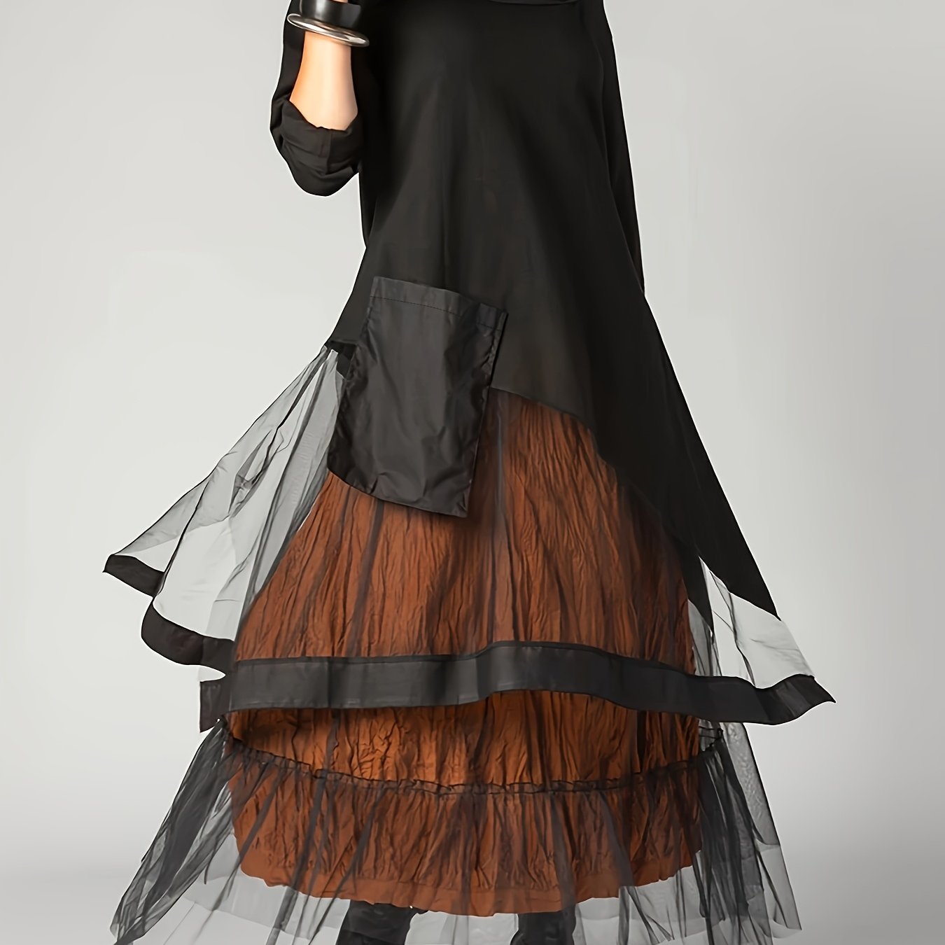 Plus Size - Plus Size - Plus Size Mesh Layered Long Sleeve Maxi Dress
