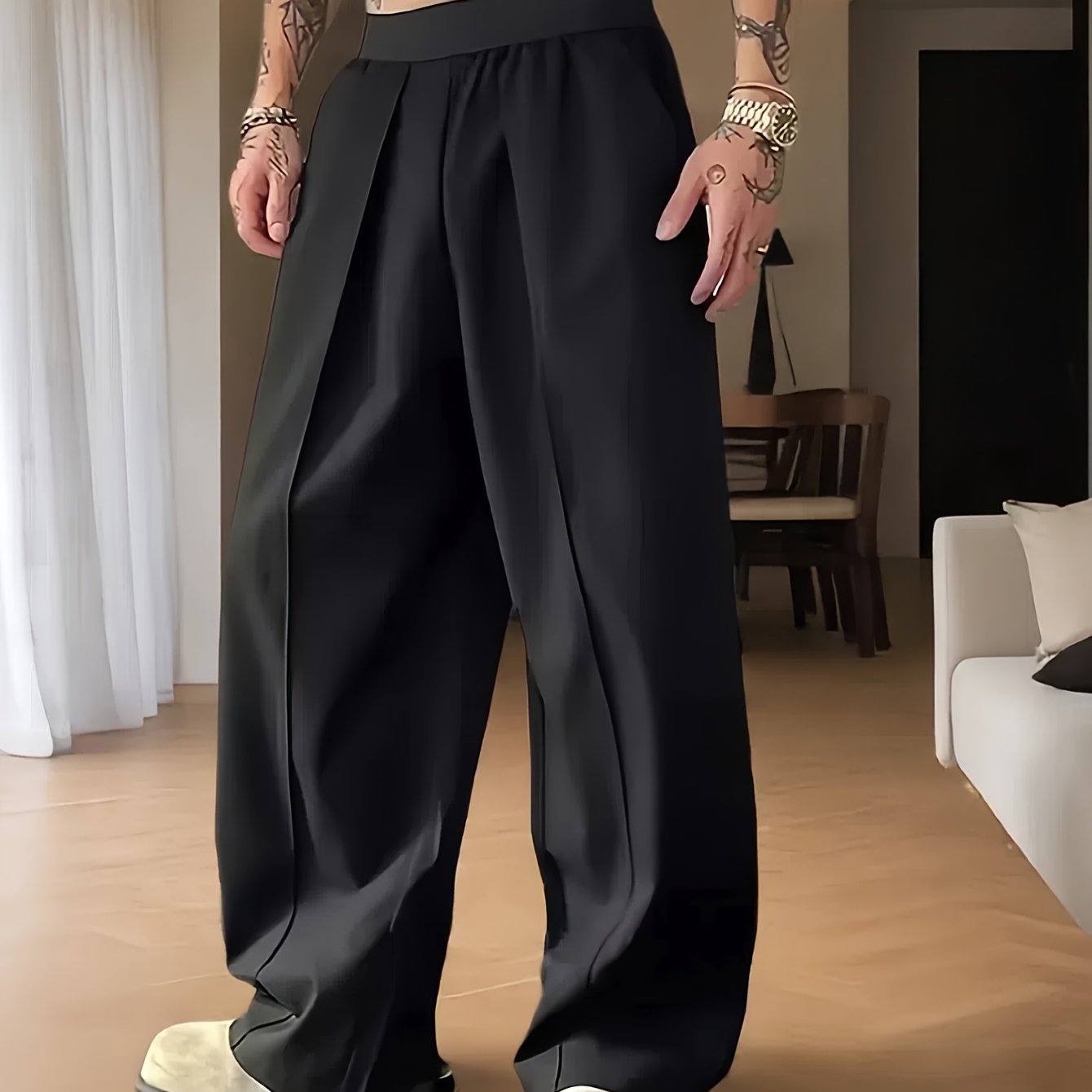 E-shop Herren Frühlings Sommer Elastische Bund Freizeithose, Herrenmode Einfache Trendige Lockere Gerade Weite Beine Lange Hosen