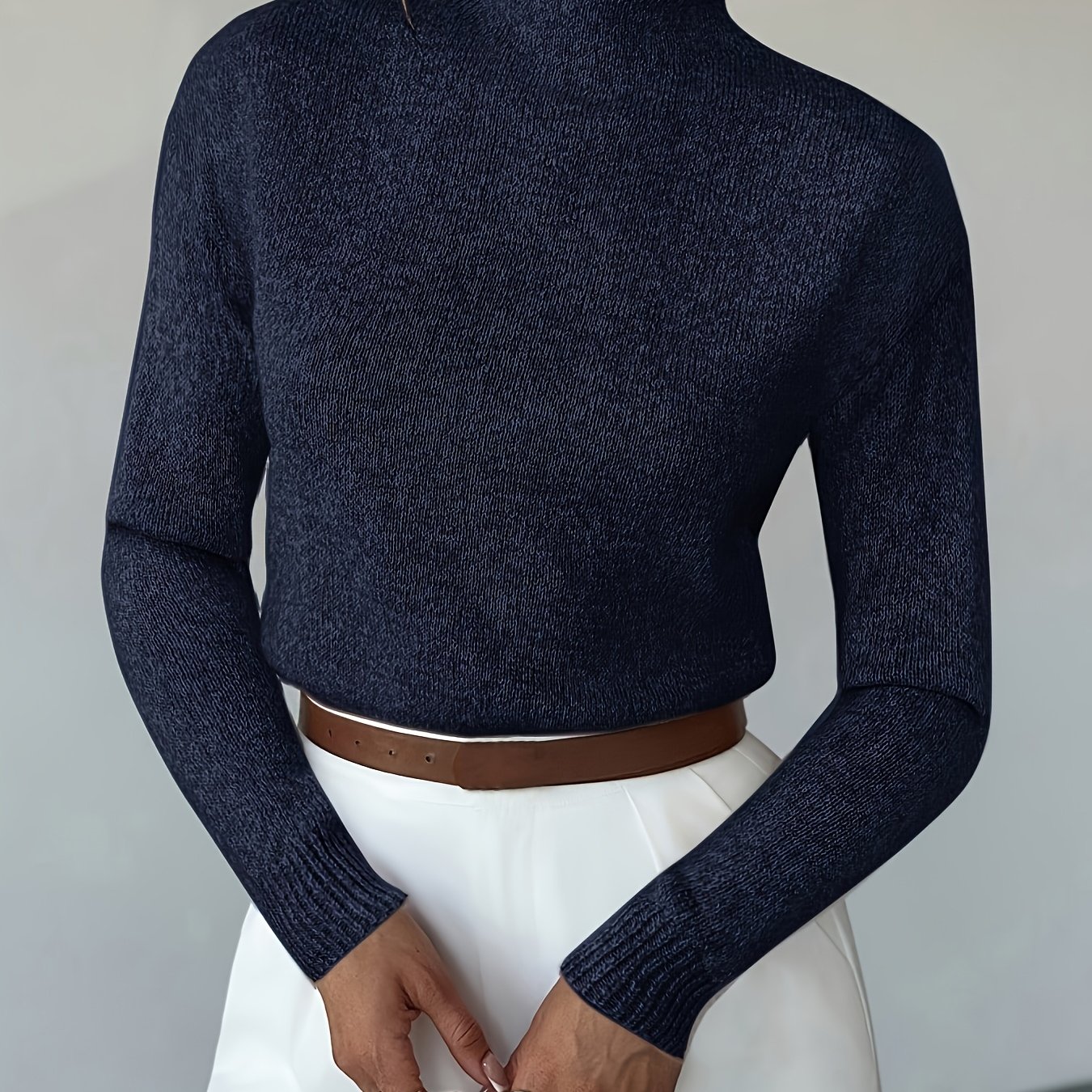 Solid Color Long-sleeve Women's Pullover Sweater, Elegant High-neck Sweater For Autumn And Winter Layering