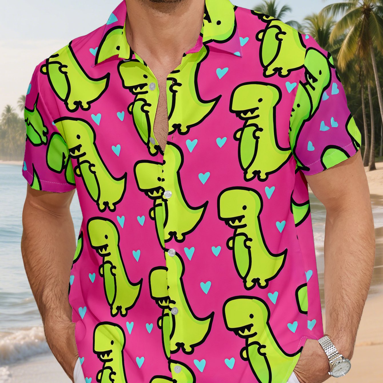 TEMU Chemise à Manches Courtes Imprimée pour Homme, Fond Rose avec Dinosaures de Dessin Animé Verts et Cœurs , Motif Répété - Voyage Toutes Saisons,