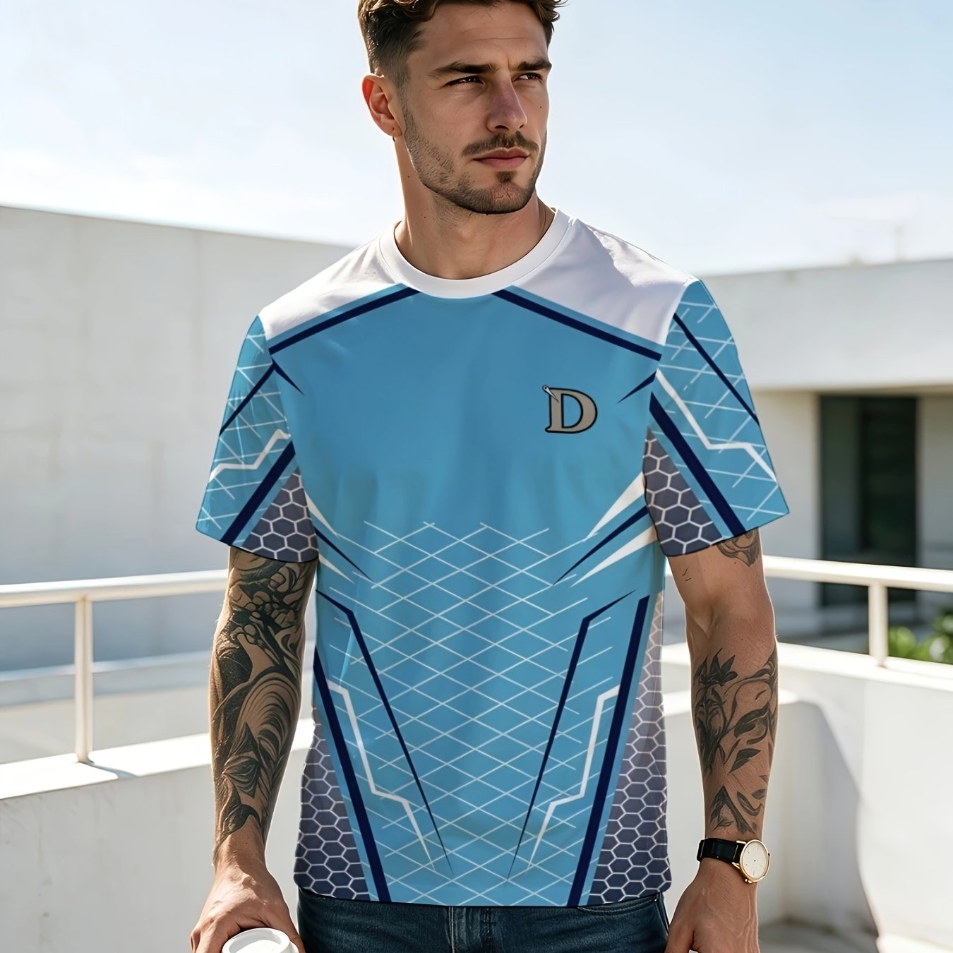 TEMU [printed Design - Not Textured] Round Neck Short Sleeve Summer New Style, Fashionable Individual Street Style, Breathable Comfortable Quick-dry