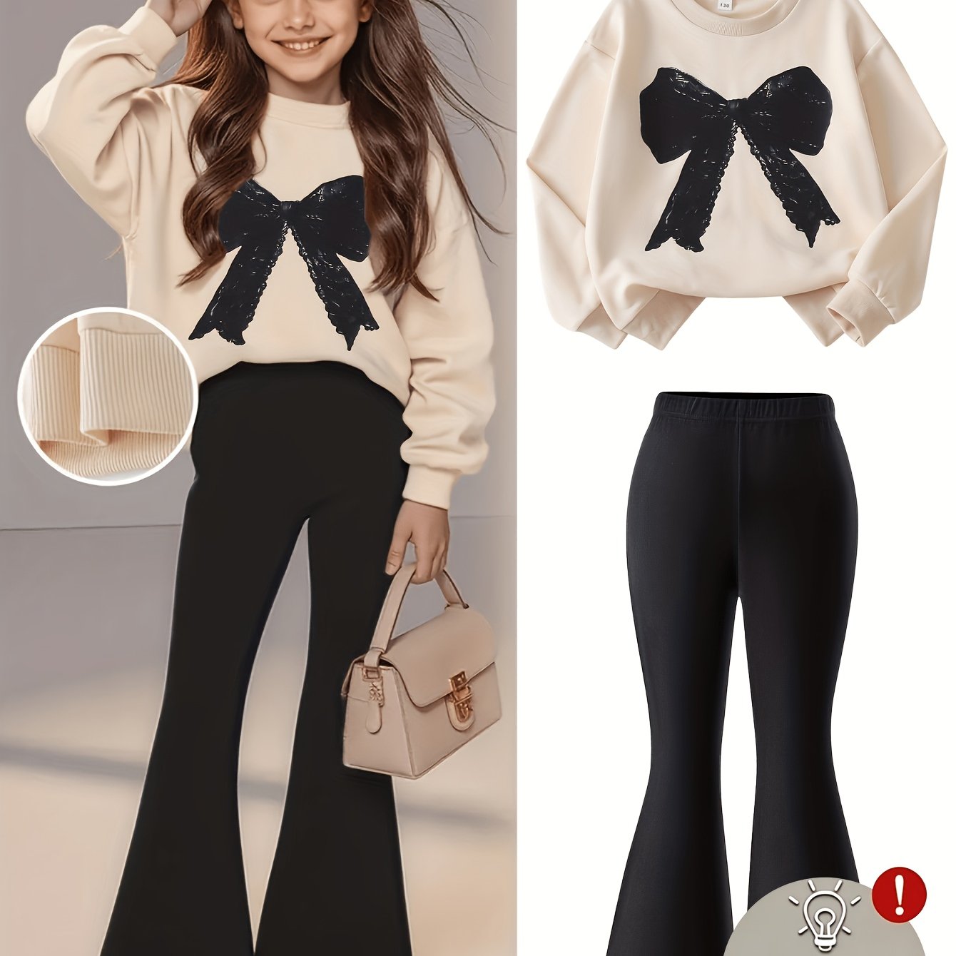 Image of Print Design-not Textured 2d Printing Casual Set 2pcs, Long Sleeve Bow Print T-shirt And Black Flared Pants, Suitable For Autumn Winter Season, For Outdoor