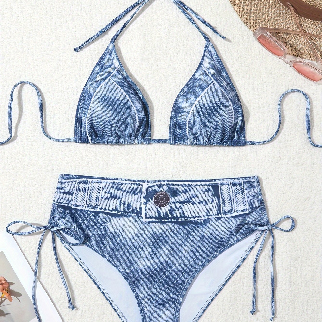 TEMU Denim Fabric Women's Bikini Drawstring Denim Stretchy Fashion Set