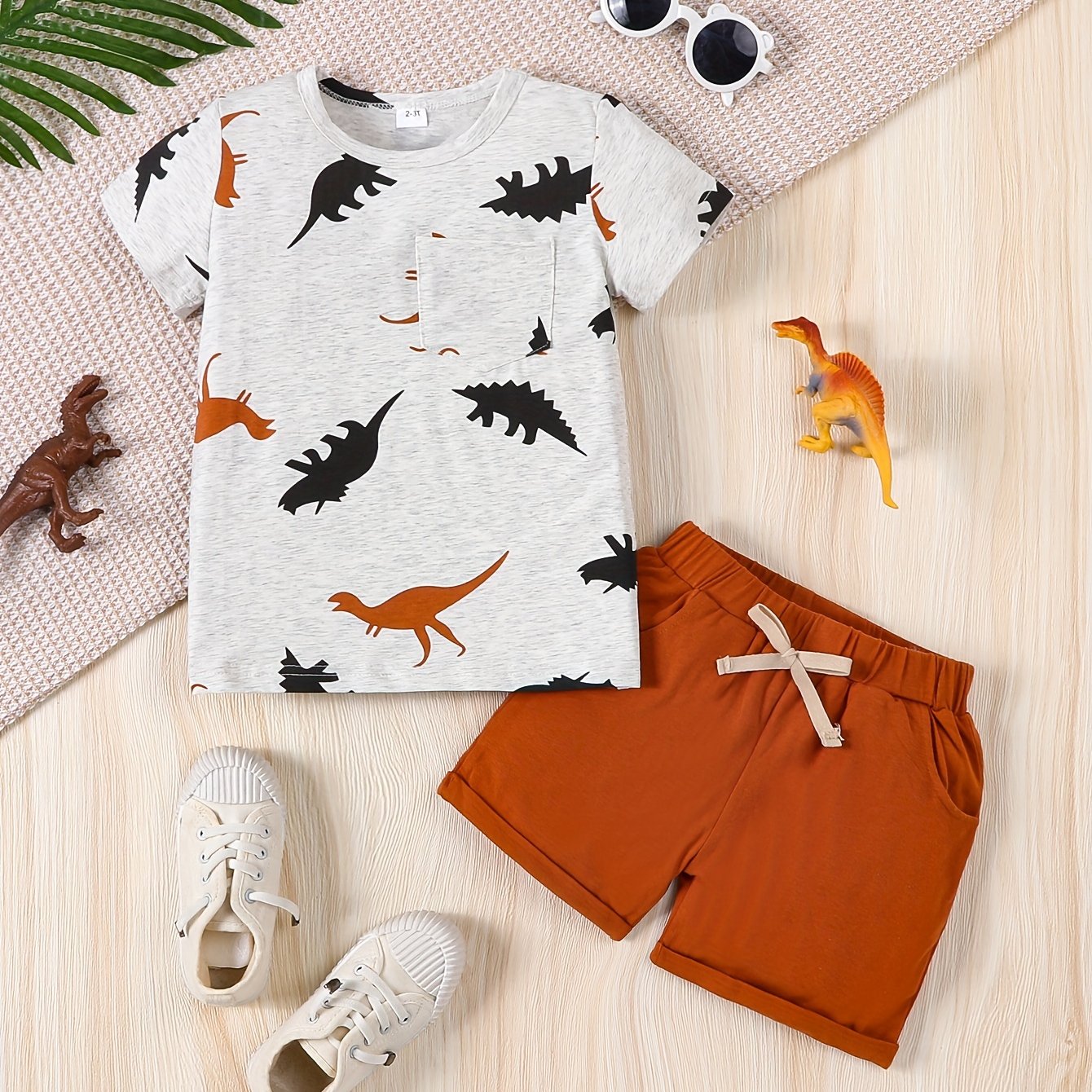 Affordable Boys' Print Cartoon Dinosaur Top + Shorts, Perfect For Outdoor