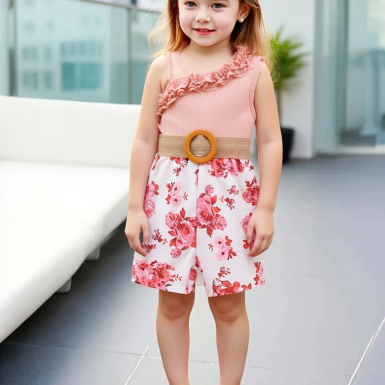 Image of Summer Style Off-shoulder Sleeve Floral Jumpsuit For Infant And Toddler Girls, Development, Perfect For Outdoor
