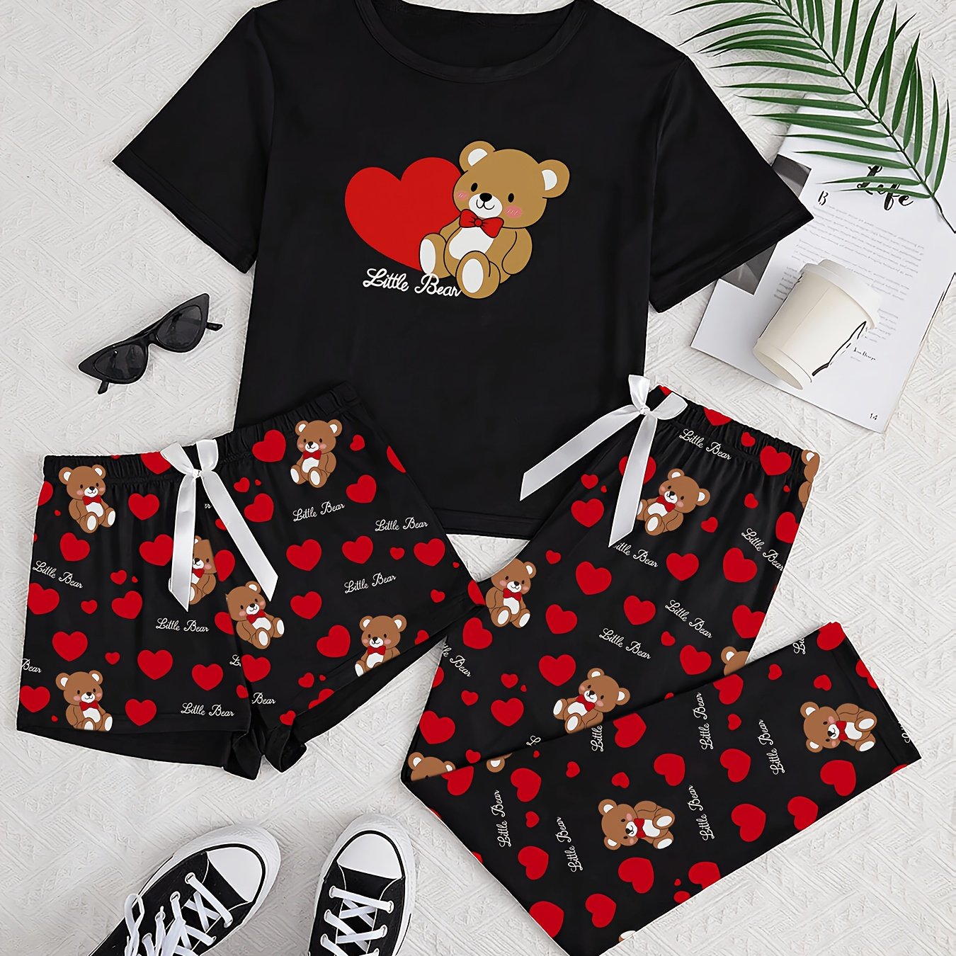 Image of Ladies' Lovely Polite Bear-themed -piece Pajama Homewear Set, As A Valentine's Day Gift, Comfortable Fabric And Loose Fit You Through A Day