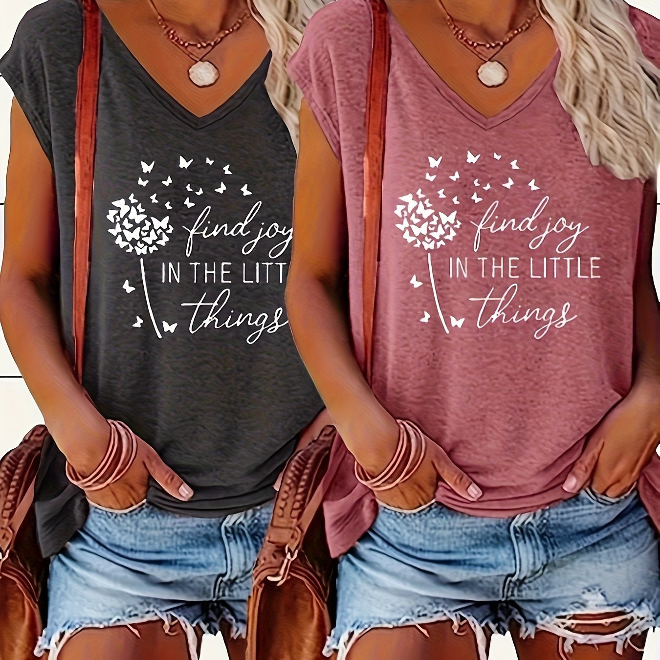 Image of Plus Size - Plus Size - 2 Printed V-neck T-shirts, Casual Short-sleeve T-shirts For Spring And Summer, Women's Clothing
