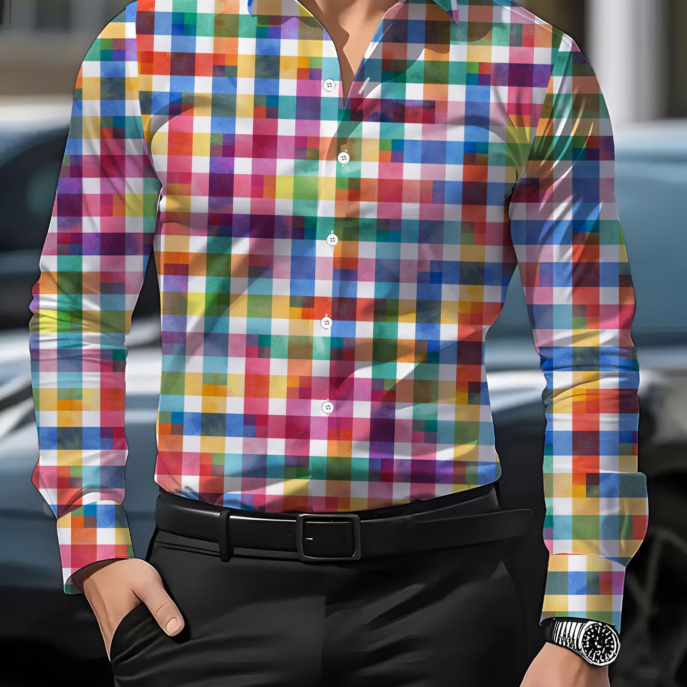 TEMU Chemise à manches longues pour homme, imprimé numérique à code-barres, motif à carreaux coloré, mode, charme de dopamine, cool, confortable,
