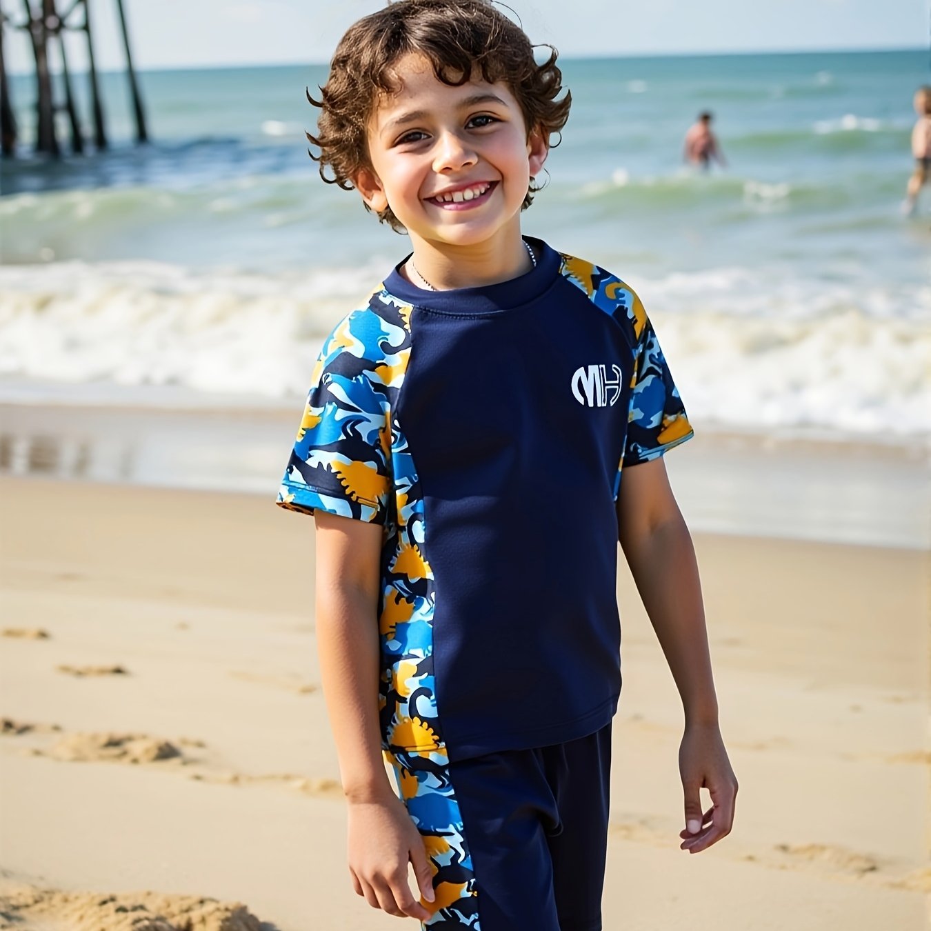 Boys' Summer Swimwear Set With Raglan Sleeve Dinosaur Print Top And Shorts