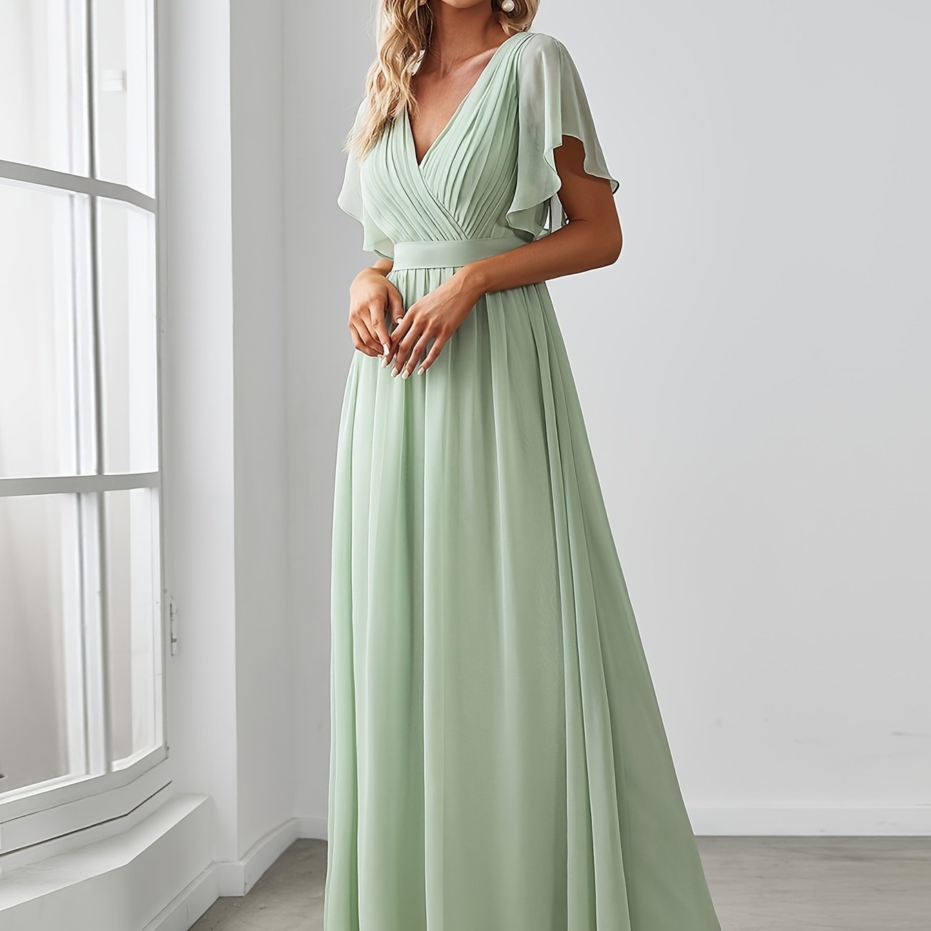Image of Women's Elegant Sage Green Eternal Beauty Chiffon Bandeau Wedding Dress Gown, Slit And Ruched Sleeves, Back