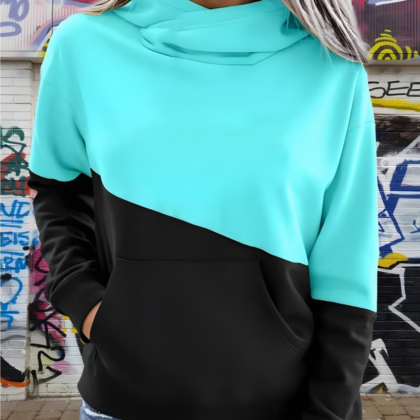 TEMU Patchwork-Sweatshirt, einfarbiges Sweatshirt, Colorblock-Kapuzenpullover, kreativer Herbst/Winter Damenmode Freizeit-Y-gesäumter
