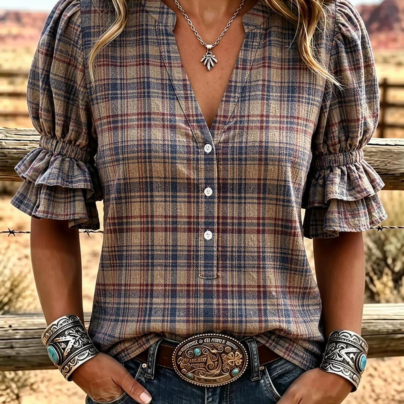 New Women's Western Print V-neck Blouse Print Puff-sleeve Shirt Summer Women's Tops Western Style Outfit Elegant Shirts Fabric Machine Washable 2d Flat Print Ideal For Casual Vacation Travel