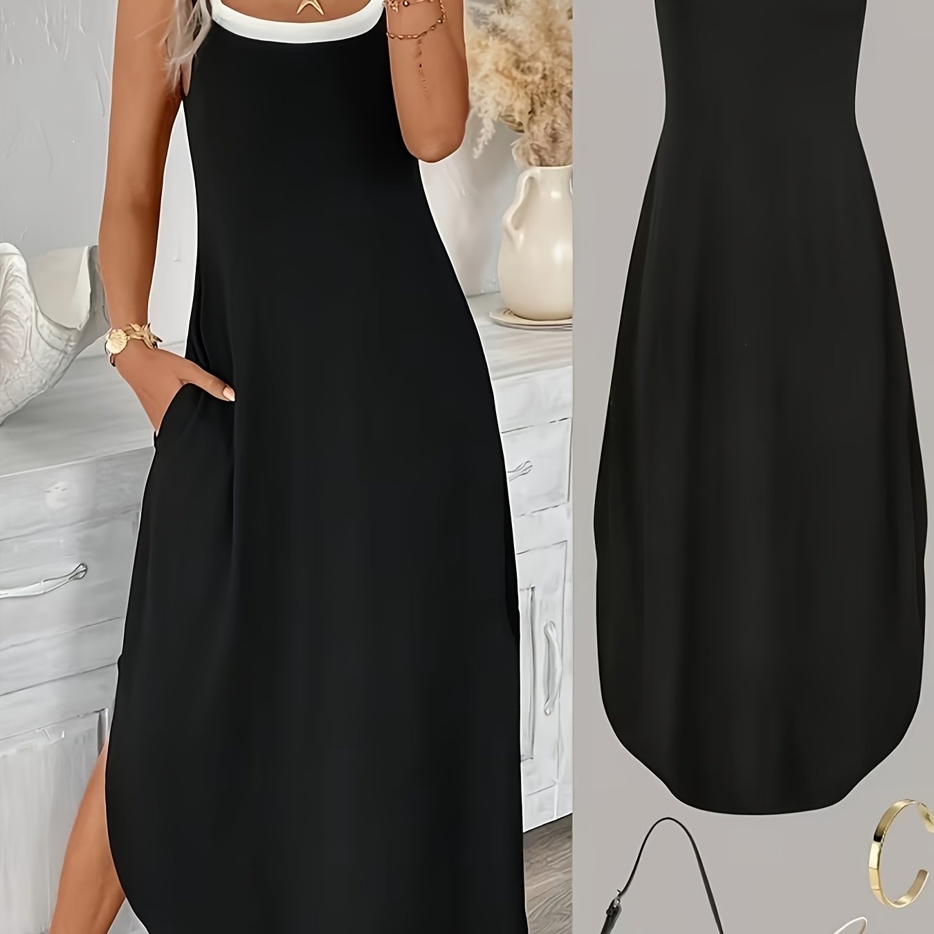 Image of Women's Casual Color Block Square Neck Black And Block Dress With Pockets. New Fake Two-piece Suspender Dress, Loose And, Versatile For Commuting