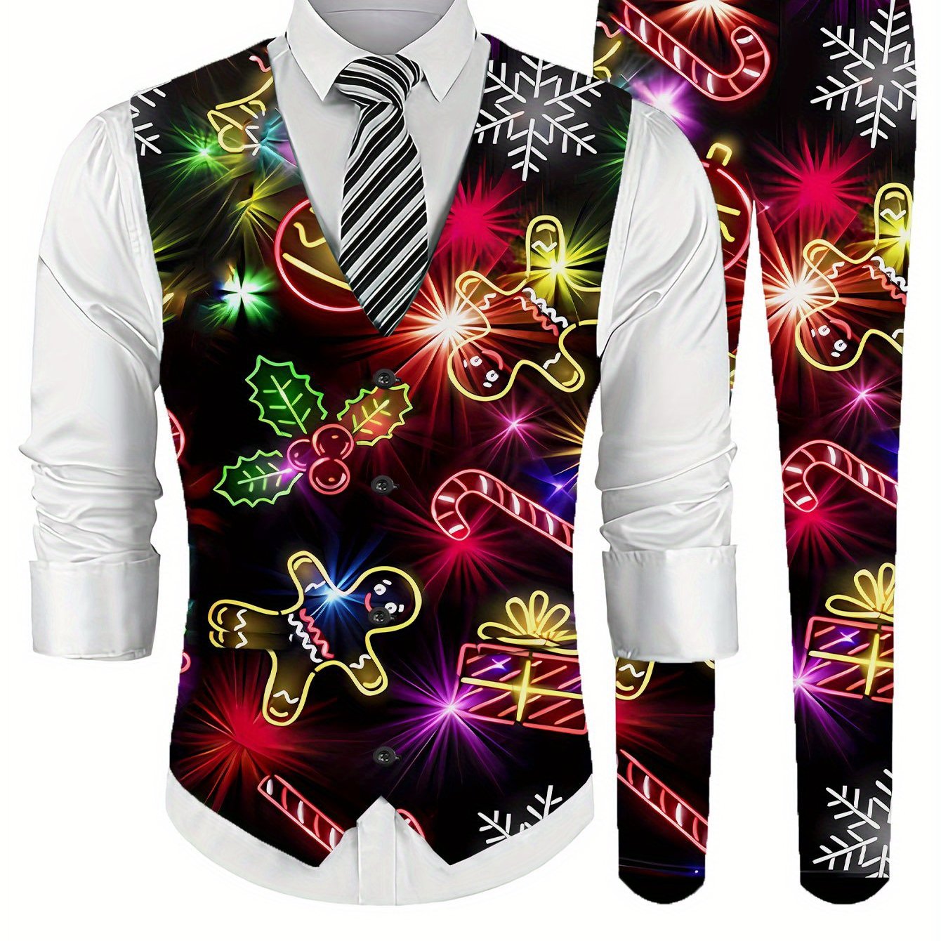 TEMU Men's Fashion 2pcs Set: Vest + Trousers, Colorful Christmas Pattern, Men's Vest Suit Set, Business Formal Printed Suit Vest And Pants Combo