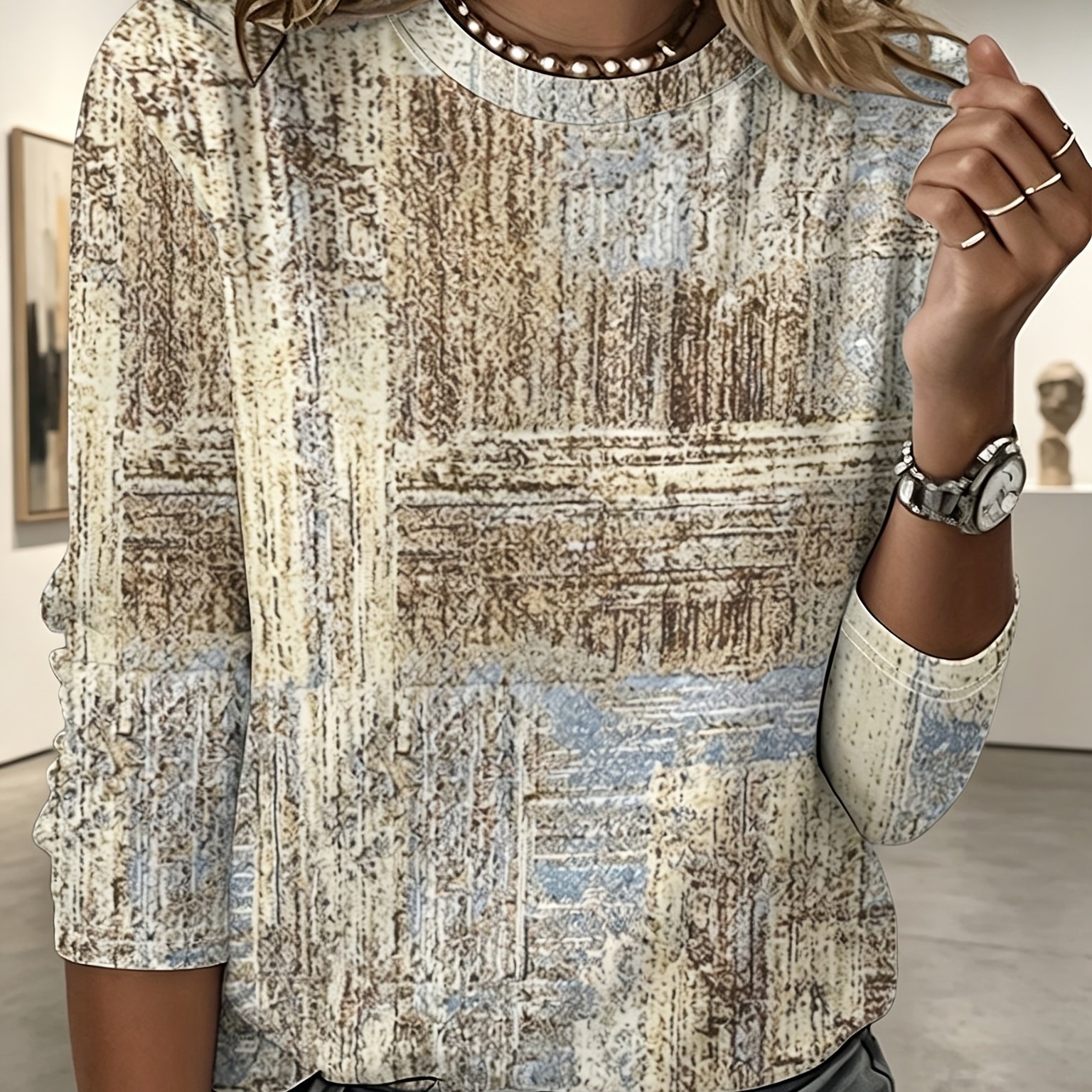 TEMU T-shirt imprimé intégral, haut décontracté à manches longues et col rond, idéal pour et , vêtements pour femmes