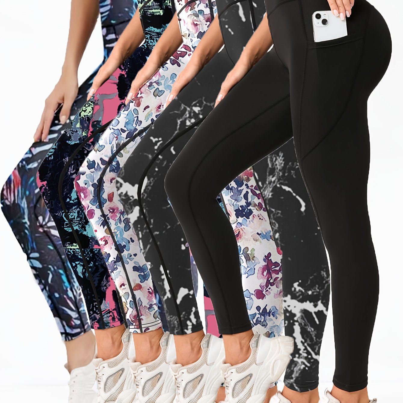 TEMU Set Of 5 Printed Leggings For Women With Pockets, High-waisted Tummy Control, Non-transparent Workout Yoga Running Tights.