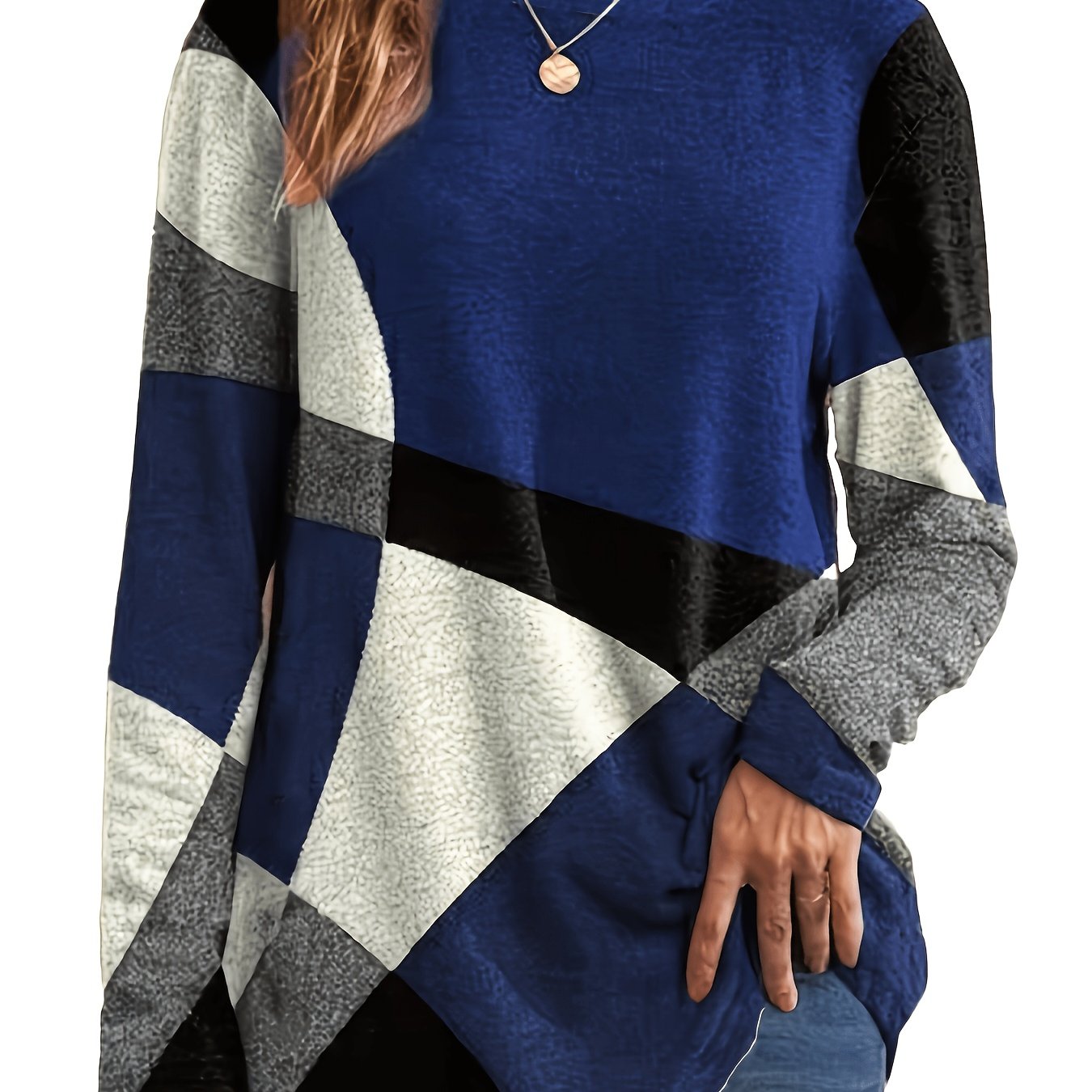 TEMU Plus Size, European And American Spring/autumn Women's Geometric Contrast Color Long Sleeve Printed Loose T-shirt