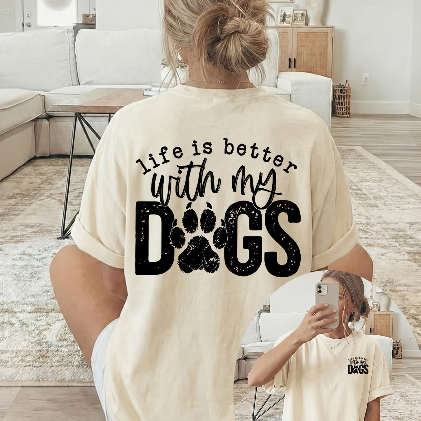 TEMU Women's T-shirt With Front And Back Double-sided Printing, Short Sleeves And Round Neckline, Casual Top Featuring Black " Better With My Dogs"