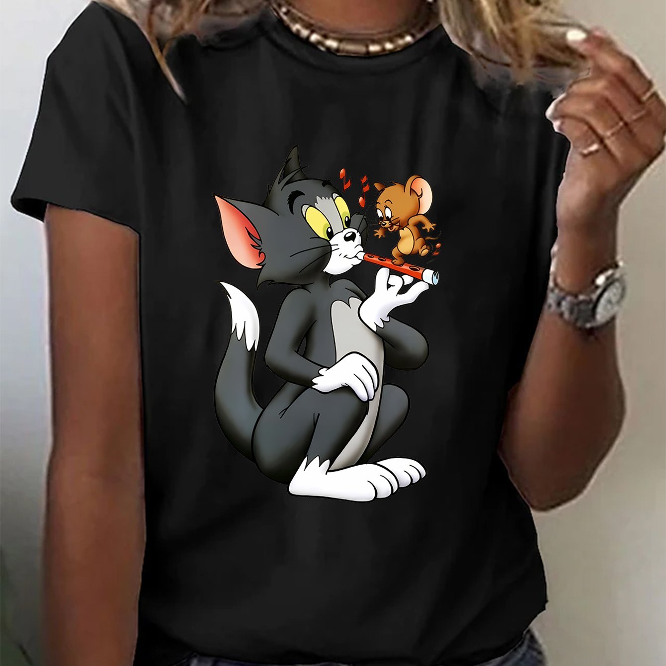 TEMU WB Жени Тениска с принт Том и Джери - Бяла лятна тениска с класически дизайн на котка и мишка, лесен за пране, удобна и стилна риза за ежедневно