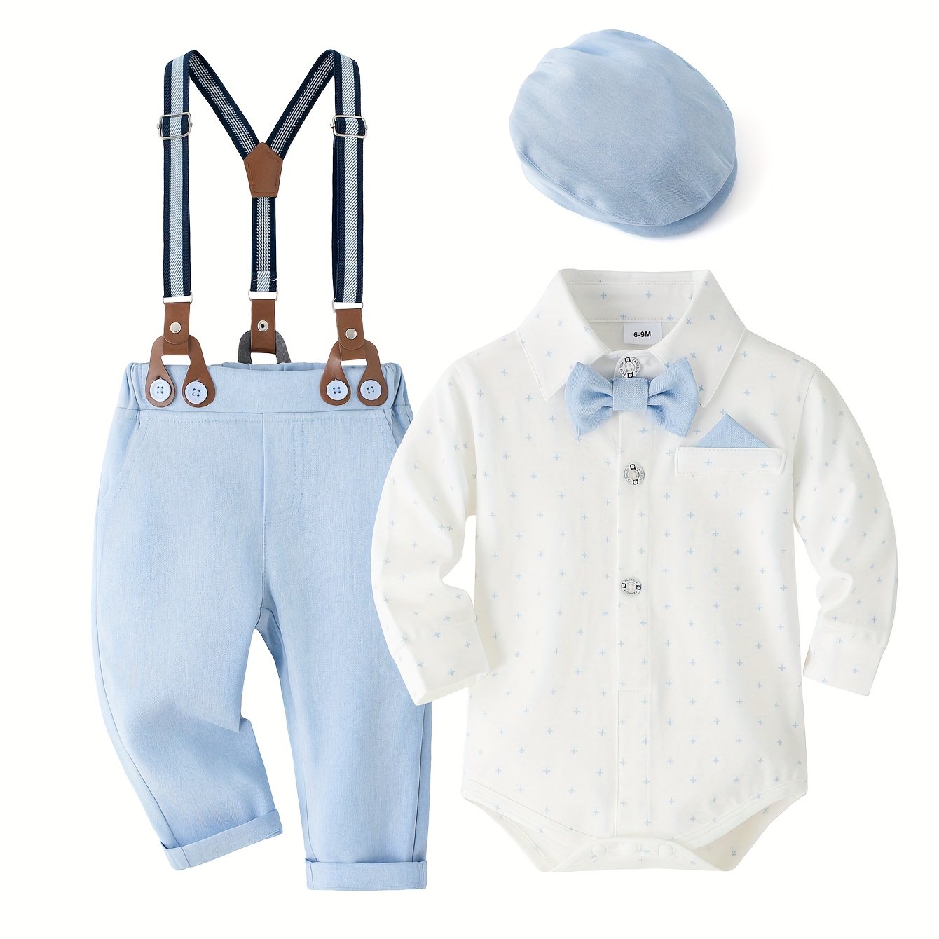 Image of Infant And Toddler Formal Suit Set, Children's Birthday Banquet Suit, Baby's First Birthday Romper With Hat And Suspender Pants Outfit