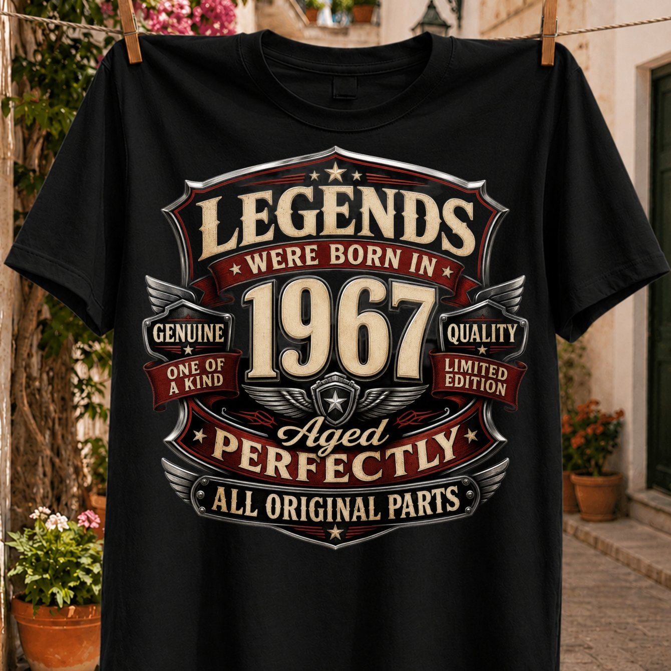 Image of Plus Size Born In 1967 Perfectly Aged Parts Winged Stars Biker Birthday Style Unisex All T-shirt