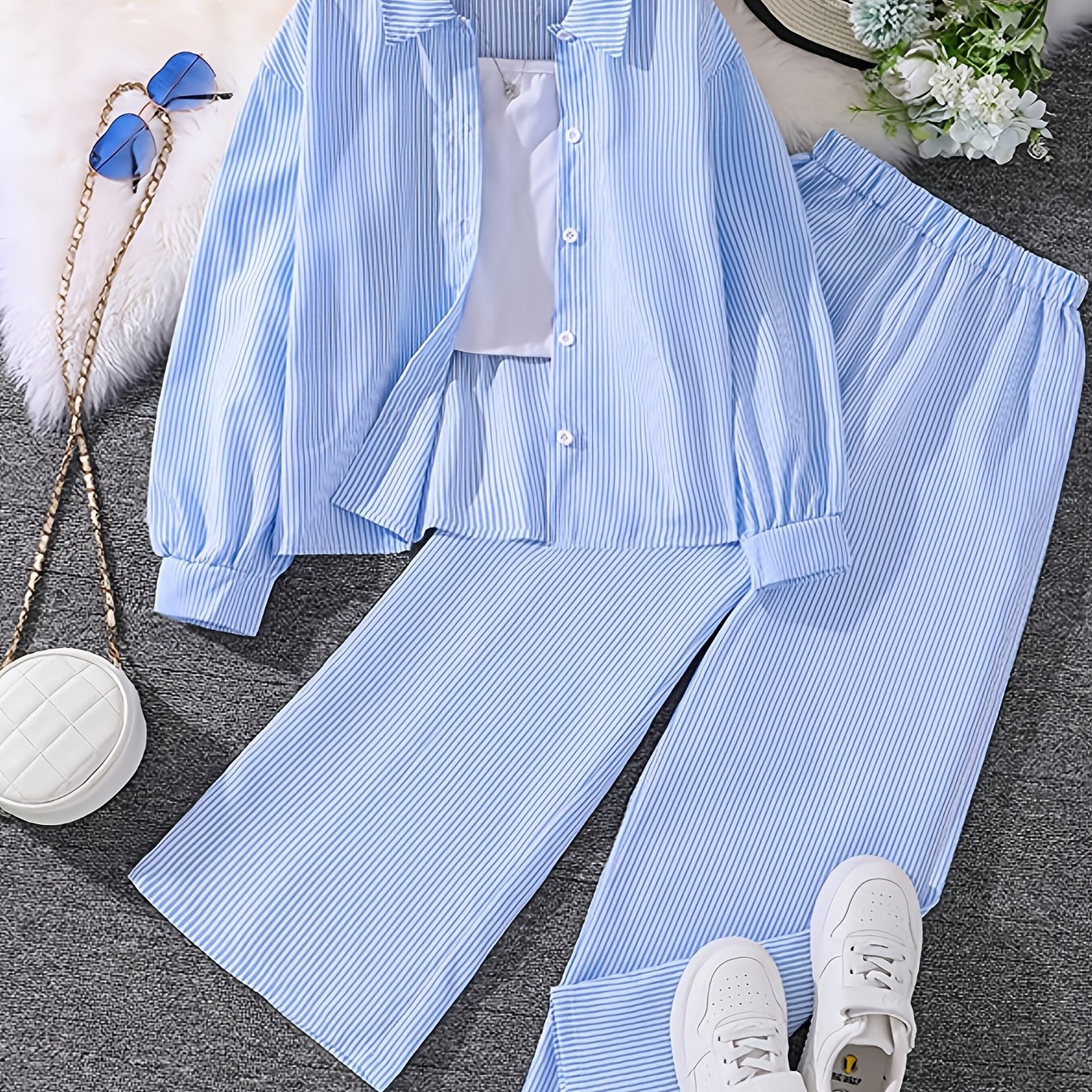 Image of Boys And Girls Suit Cross-border Trade Clothing Autumn New 7- Long-sleeved Shirt Wide-leg Pants Two-piece Set, For Outdoor