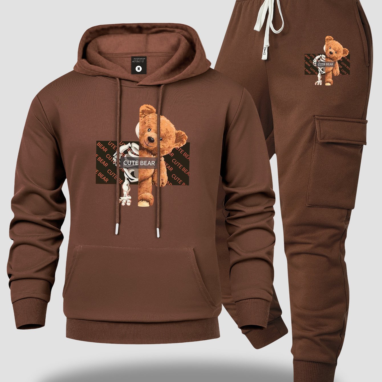 TEMU Men's New Casual Sports Hoodie And Multi-pocket Cargo Jogger Pants, Featuring Drawstrings For Everyday And , With A Easy Teddy Bear Print And