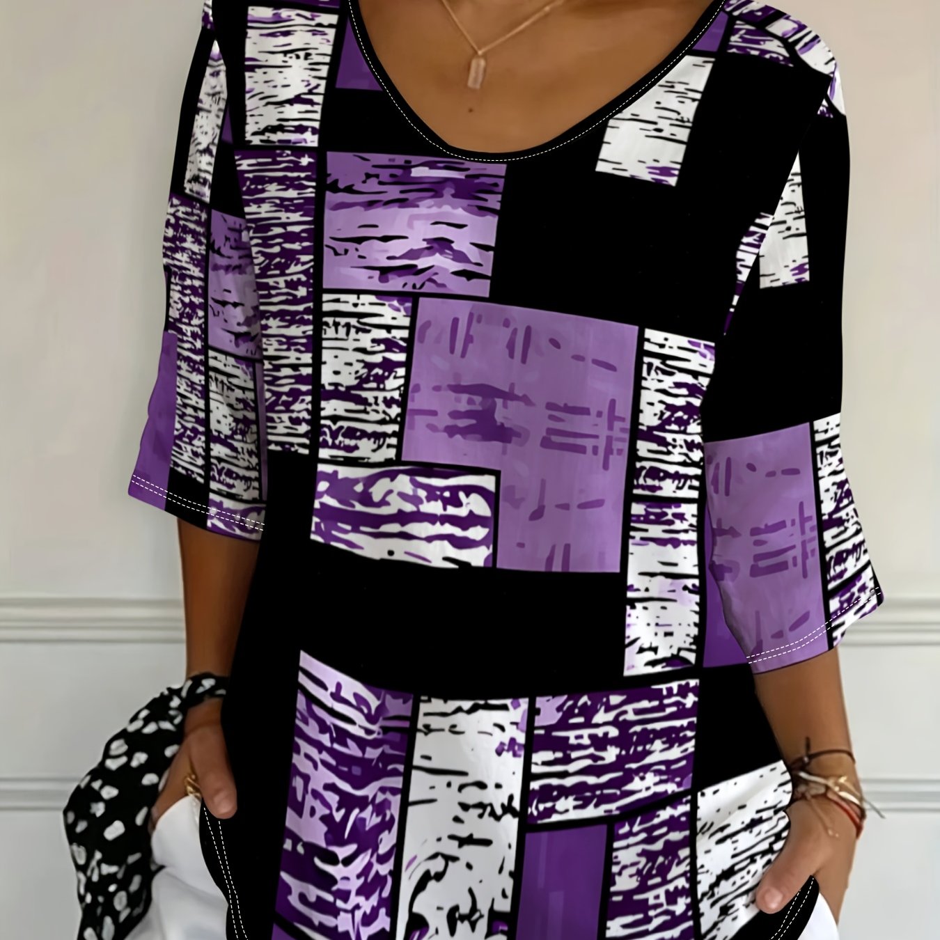 TEMU Plus Size, Plus-size Women's Fashion Top With Purple Geometric Pattern, Stylish And Comfortable, Suitable For Daily Wear And Casual Occasions,