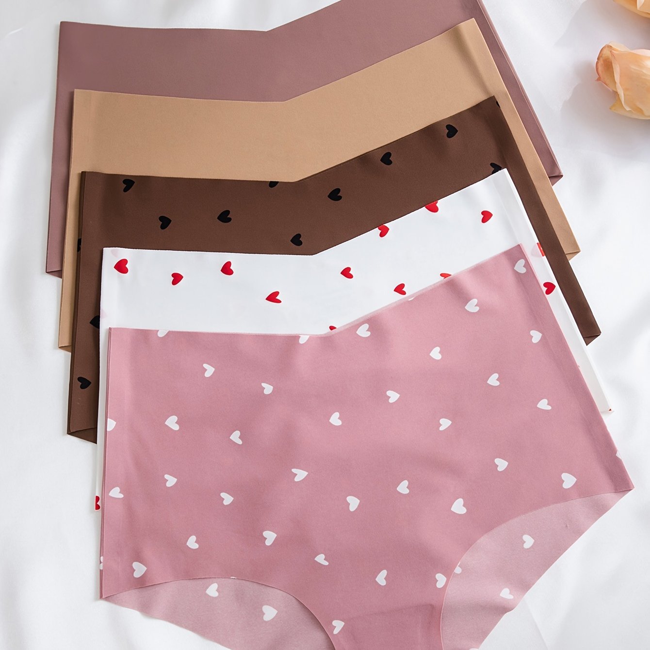 TEMU 5 Pairs Of High-waisted, Comfortable, No-seam, Adhesive Heart Print Triangle Underwear For Women - Made Of Nylon, , Heart Pattern, No , Medium Support, Knit Fabric, 5 Pieces