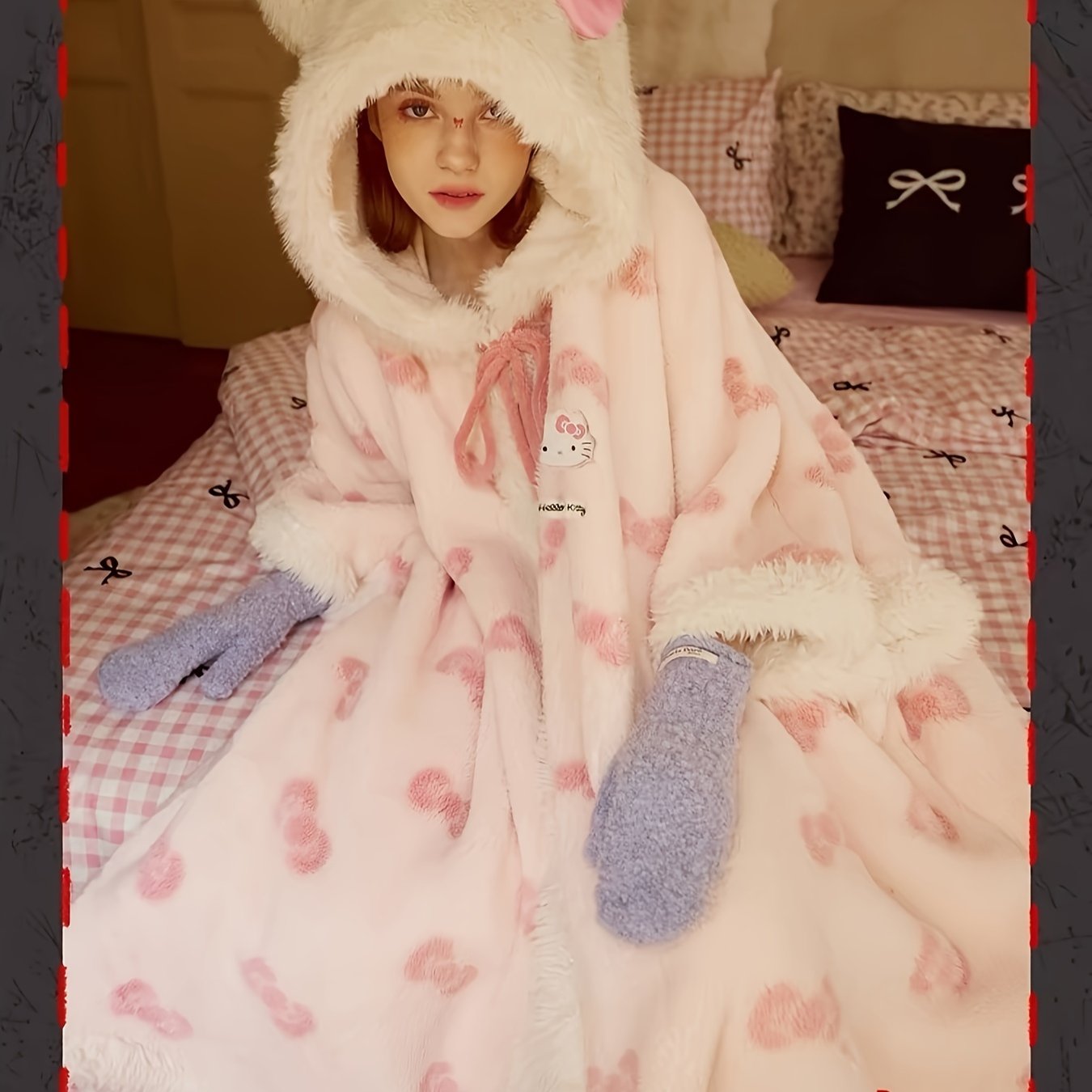 TEMU 1pc Pajamas Winter Style Cape Plush Ladies Home Clothes Coral Fleece, For Hello Kitty Cute Big Size Loose Version, Beautiful Christmas Gift