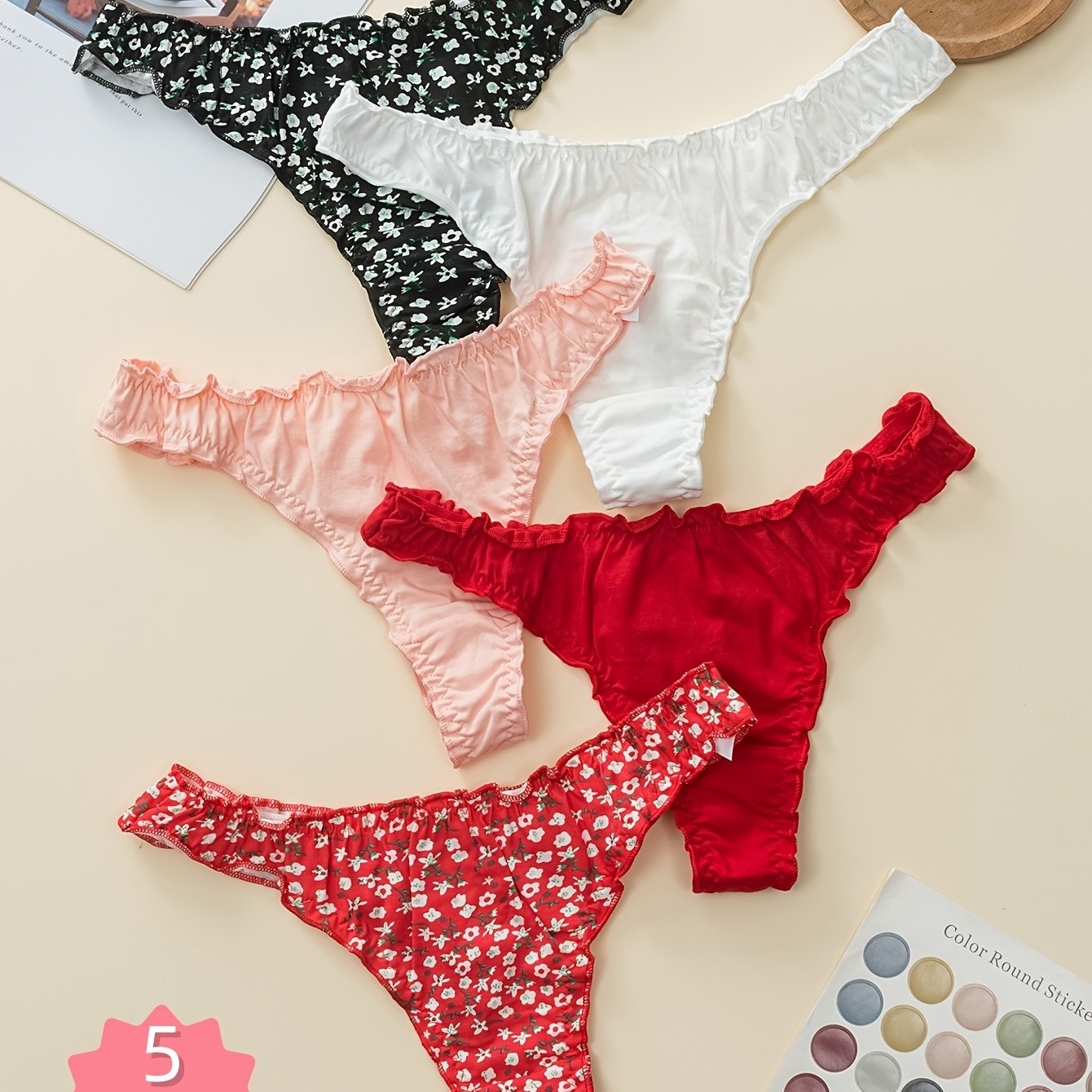 Image of 5pcs Floral Print Quick- Panties, , Comfortable Women's Bikini Bottoms With High Elasticity, Small Floral Print, Elegant Style, Thick T-, Suitable For Swimming
