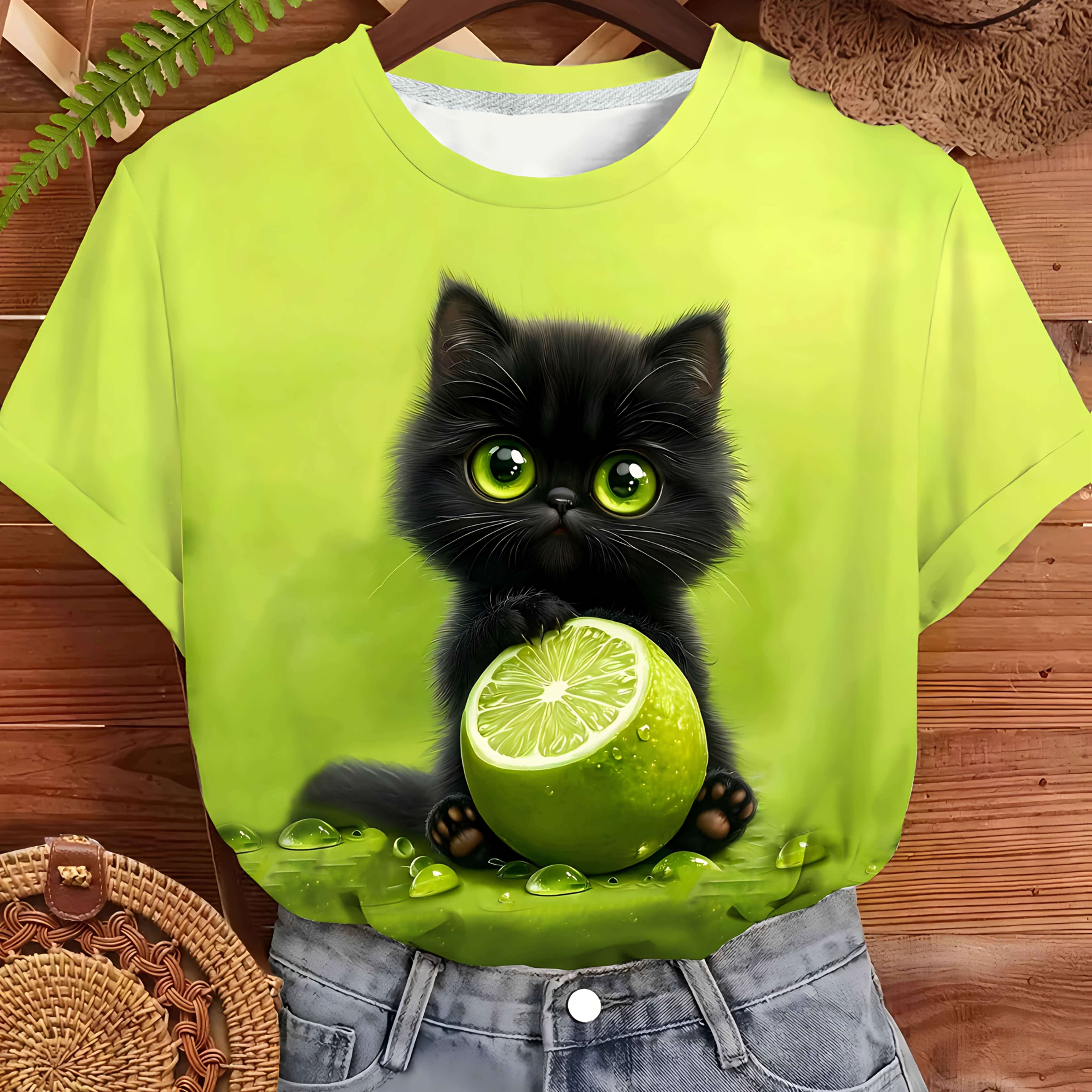 E-shop Damen T-Shirt mit Rundhalsausschnitt und kurzen Ärmeln, cooler Sommer-Zitronen-Print, süße Haustiere wie Katzen und niedliche Tiere, modische