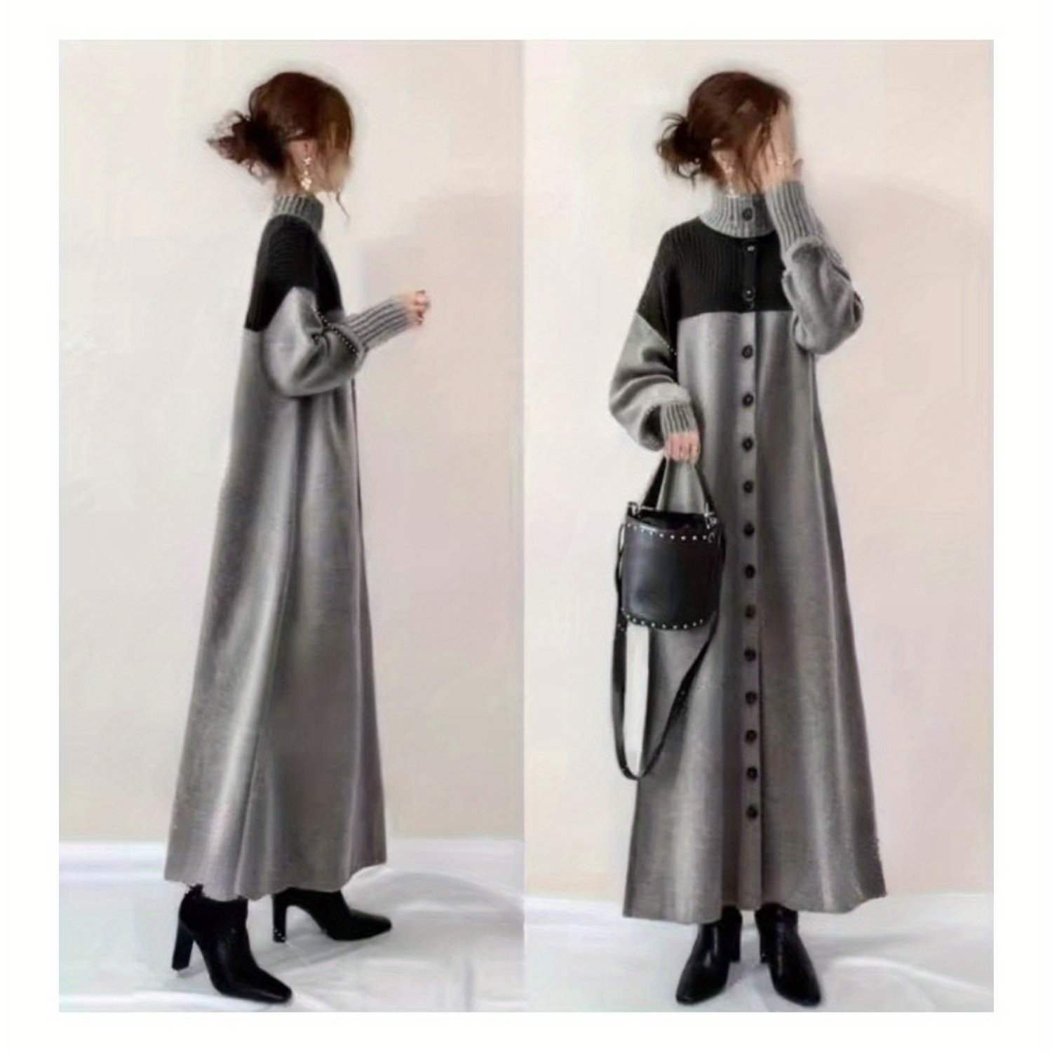 TEMU Women's Knit Dress, Maxi Dress, Dress, Jacket Dress, Maxi Dress, Knit Dress, Sweater, Flared, Pleated, , Long Sleeves, Mid-calf Length, , ,