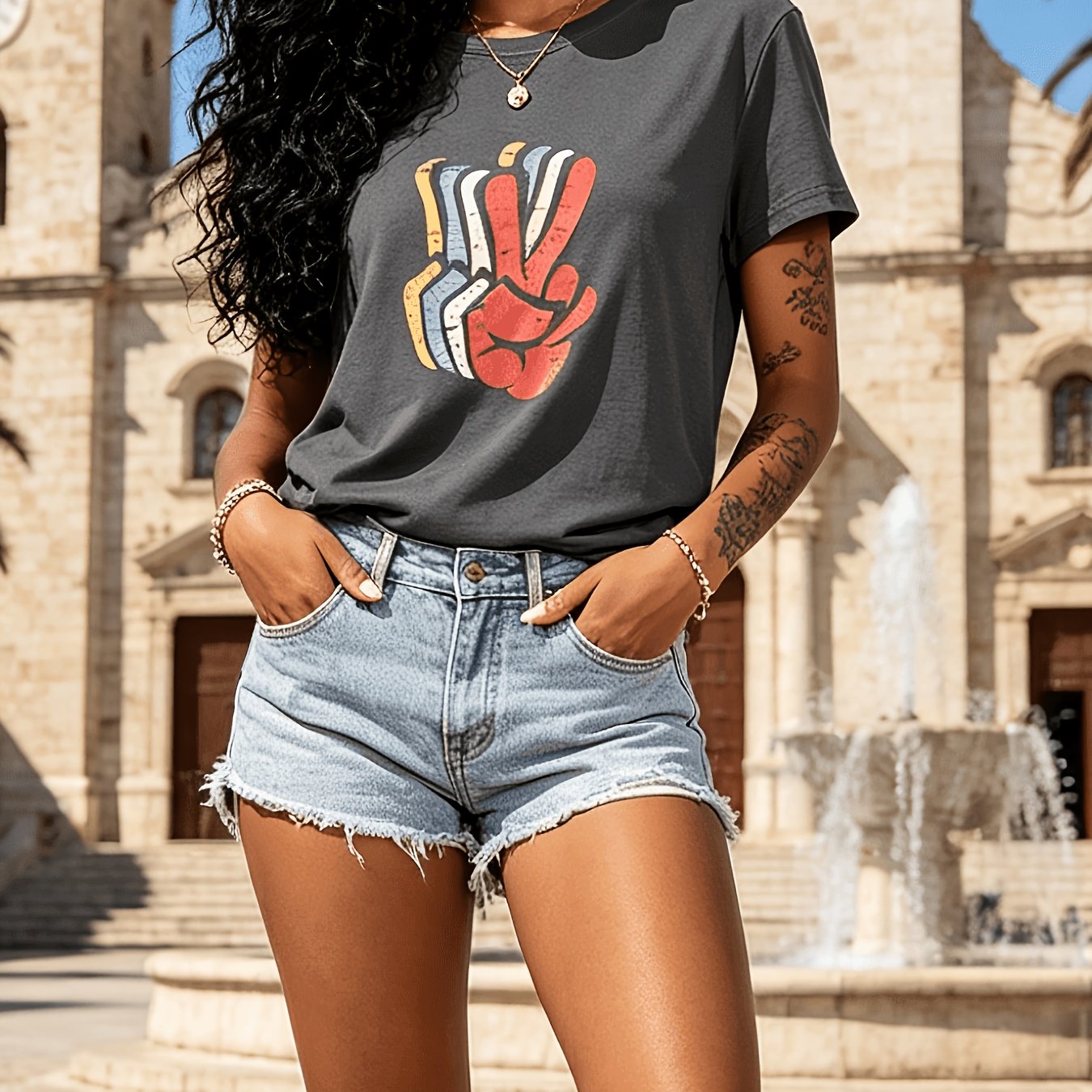 Summer Gray Fashionable Loose Scissor Hand Printed Flower T-shirt.