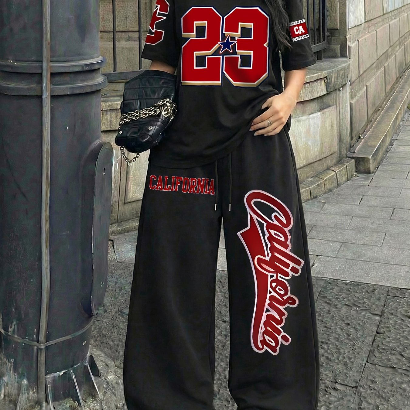 TEMU Casual Streetwear 23 "california" Print Crew Neck Short Sleeve Top And Loose Drawstring Long Pants 2pcs Set, Women's Jersey Sporty Style Outfit,