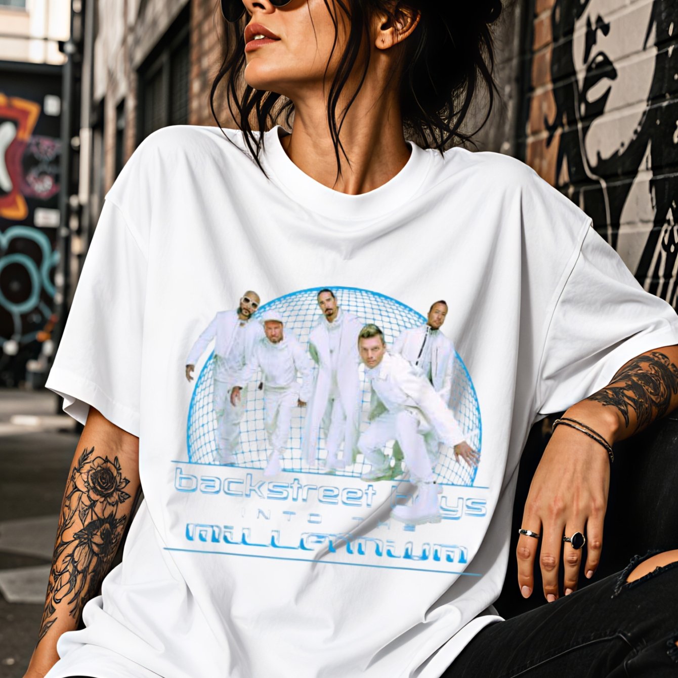 Image of White B Sb With Group Portrait Grid And Futuristic Album Style Lettering Graphic T-shirt