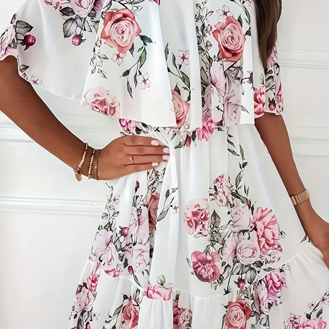 E-shop Damen Chiffonkleid mit Trägerlos-Design, Rüschen Aufdruck, böhmischer Sommer-Blumen-A-Linien-Minirock, Trägerkleid im Strandurlaub-Stil